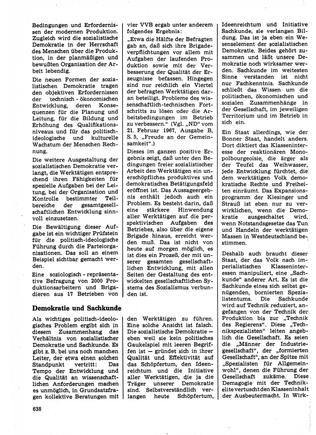 Neuer Weg (NW), Organ des Zentralkomitees (ZK) der SED (Sozialistische Einheitspartei Deutschlands) für Fragen des Parteilebens, 22. Jahrgang [Deutsche Demokratische Republik (DDR)] 1967, Seite 638 (NW ZK SED DDR 1967, S. 638)