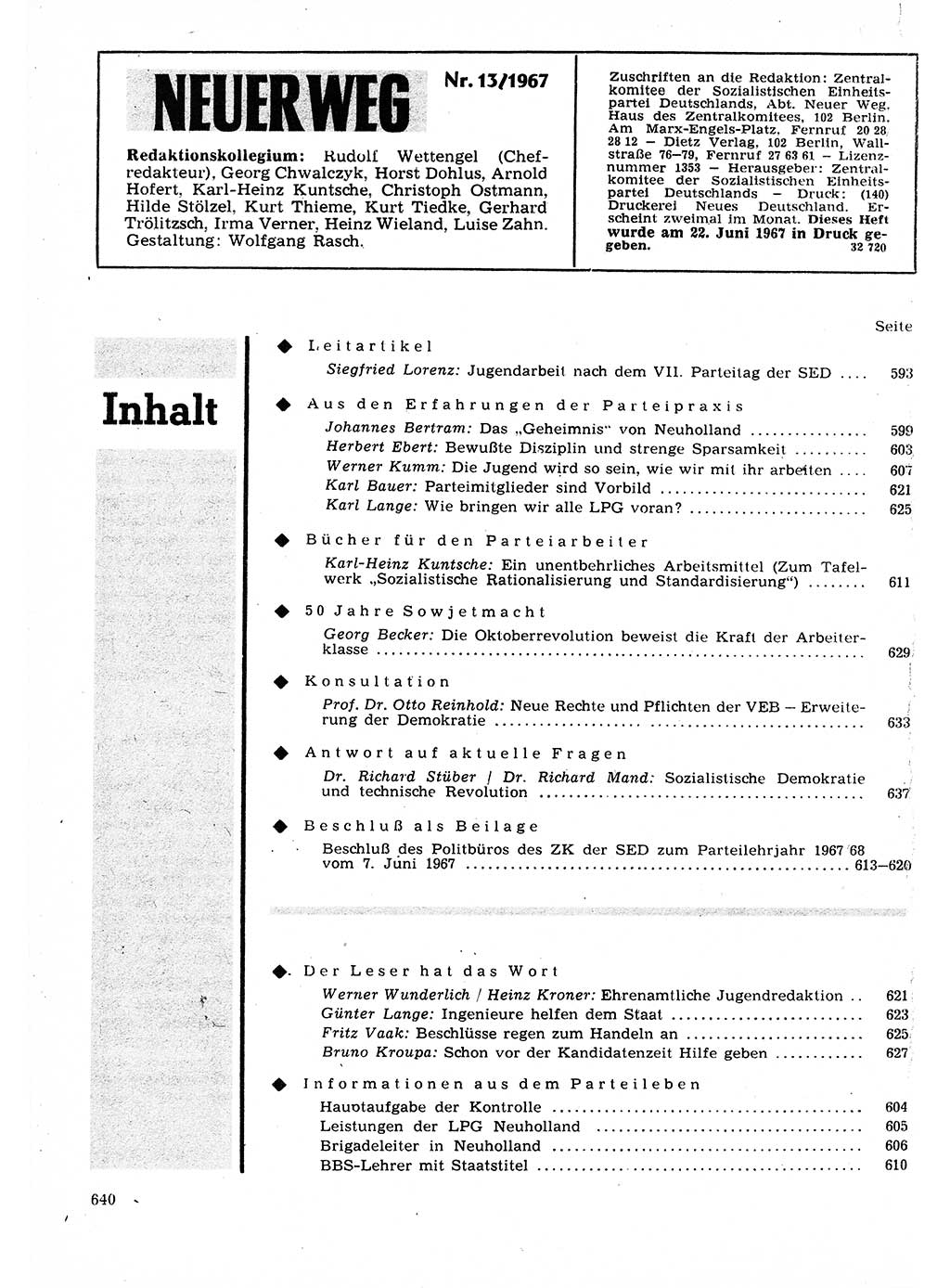 Neuer Weg (NW), Organ des Zentralkomitees (ZK) der SED (Sozialistische Einheitspartei Deutschlands) für Fragen des Parteilebens, 22. Jahrgang [Deutsche Demokratische Republik (DDR)] 1967, Seite 640 (NW ZK SED DDR 1967, S. 640)