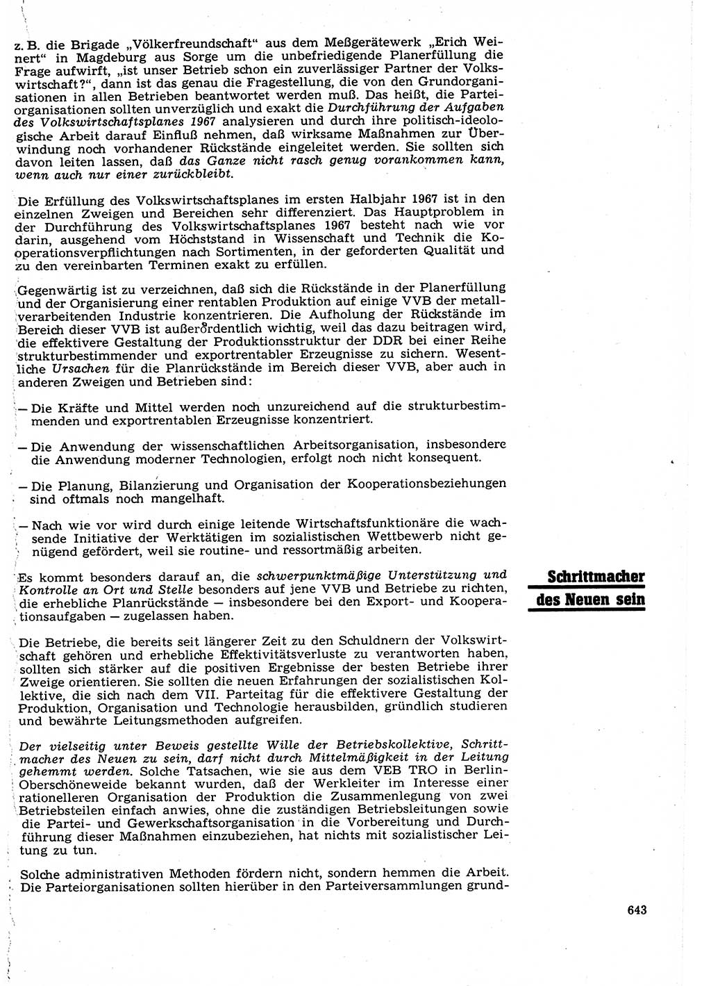 Neuer Weg (NW), Organ des Zentralkomitees (ZK) der SED (Sozialistische Einheitspartei Deutschlands) für Fragen des Parteilebens, 22. Jahrgang [Deutsche Demokratische Republik (DDR)] 1967, Seite 643 (NW ZK SED DDR 1967, S. 643)