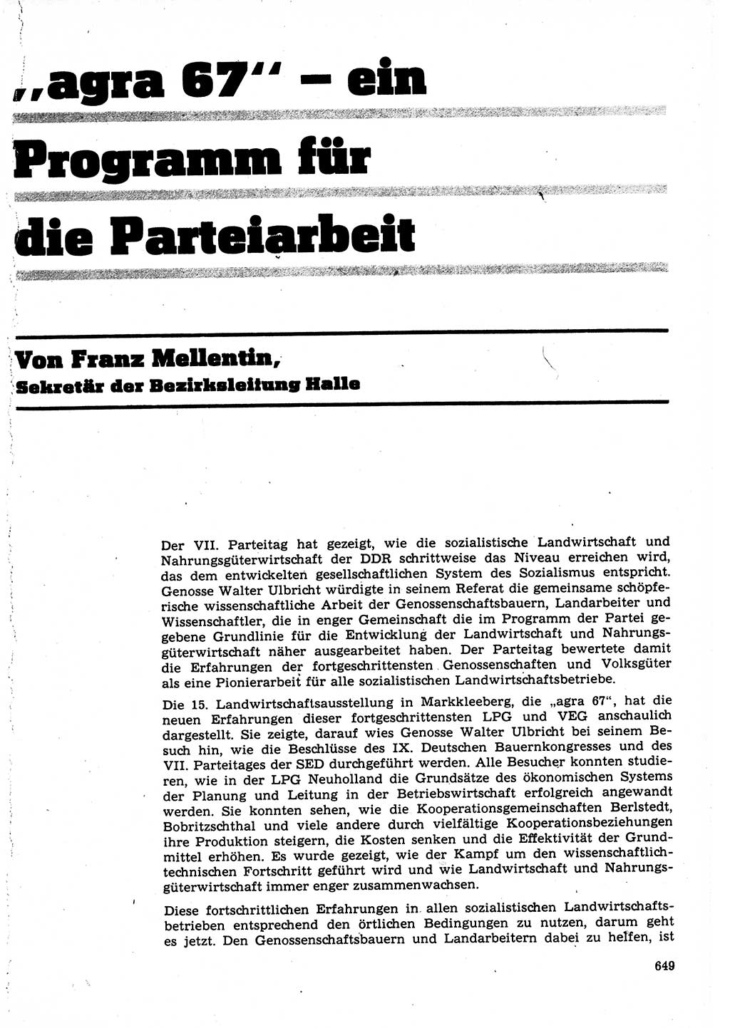 Neuer Weg (NW), Organ des Zentralkomitees (ZK) der SED (Sozialistische Einheitspartei Deutschlands) für Fragen des Parteilebens, 22. Jahrgang [Deutsche Demokratische Republik (DDR)] 1967, Seite 649 (NW ZK SED DDR 1967, S. 649)