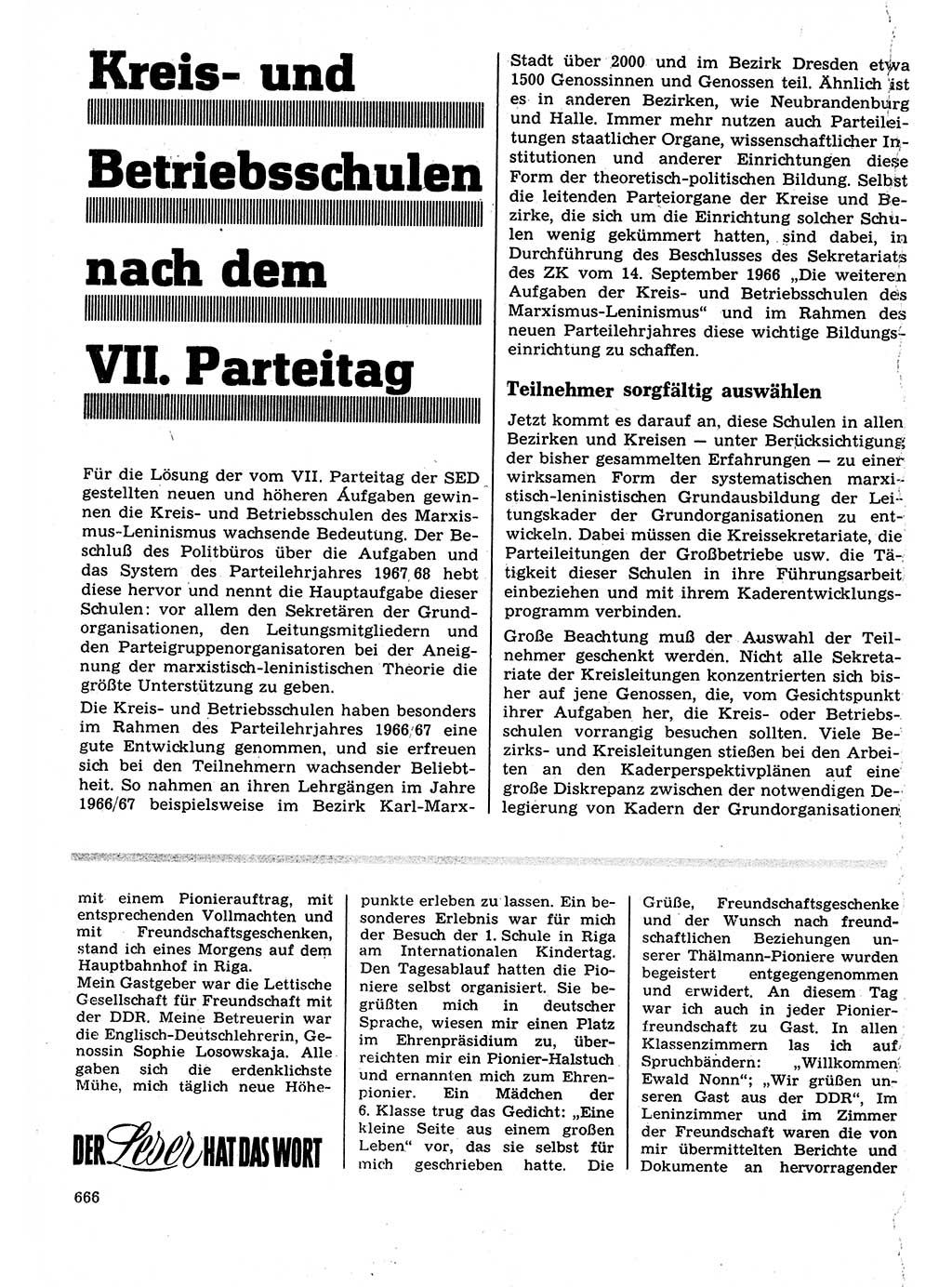 Neuer Weg (NW), Organ des Zentralkomitees (ZK) der SED (Sozialistische Einheitspartei Deutschlands) für Fragen des Parteilebens, 22. Jahrgang [Deutsche Demokratische Republik (DDR)] 1967, Seite 666 (NW ZK SED DDR 1967, S. 666)