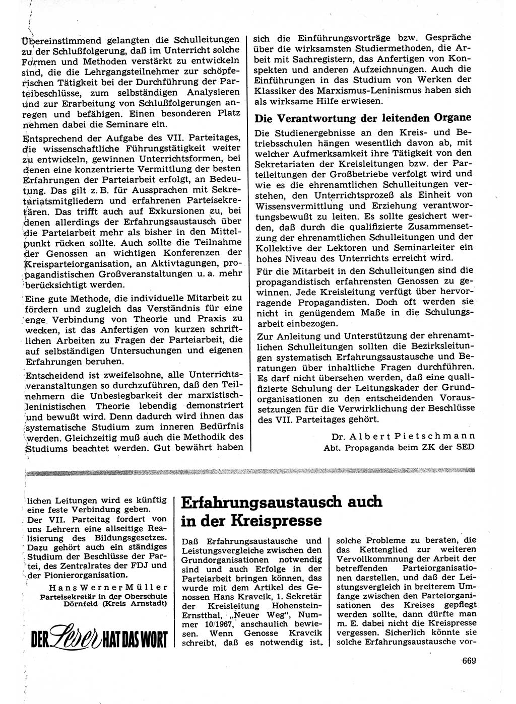 Neuer Weg (NW), Organ des Zentralkomitees (ZK) der SED (Sozialistische Einheitspartei Deutschlands) für Fragen des Parteilebens, 22. Jahrgang [Deutsche Demokratische Republik (DDR)] 1967, Seite 669 (NW ZK SED DDR 1967, S. 669)