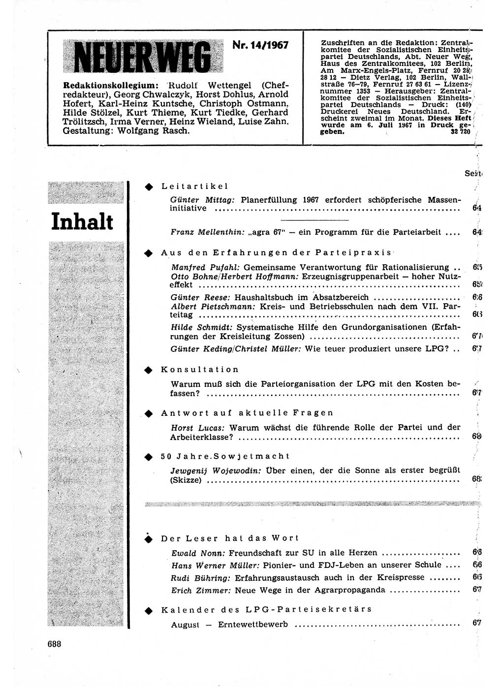 Neuer Weg (NW), Organ des Zentralkomitees (ZK) der SED (Sozialistische Einheitspartei Deutschlands) für Fragen des Parteilebens, 22. Jahrgang [Deutsche Demokratische Republik (DDR)] 1967, Seite 688 (NW ZK SED DDR 1967, S. 688)