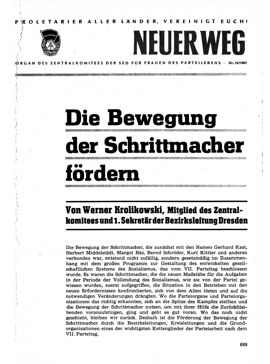 Neuer Weg (NW), Organ des Zentralkomitees (ZK) der SED (Sozialistische Einheitspartei Deutschlands) für Fragen des Parteilebens, 22. Jahrgang [Deutsche Demokratische Republik (DDR)] 1967, Seite 689 (NW ZK SED DDR 1967, S. 689)