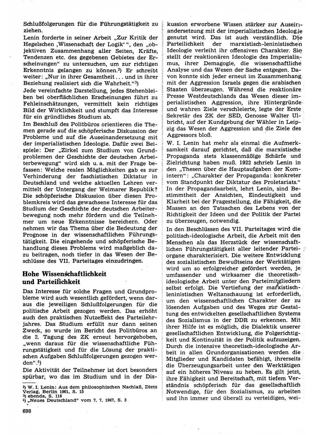 Neuer Weg (NW), Organ des Zentralkomitees (ZK) der SED (Sozialistische Einheitspartei Deutschlands) für Fragen des Parteilebens, 22. Jahrgang [Deutsche Demokratische Republik (DDR)] 1967, Seite 698 (NW ZK SED DDR 1967, S. 698)