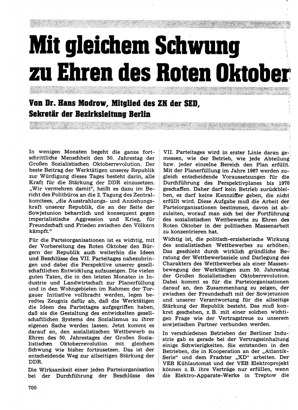 Neuer Weg (NW), Organ des Zentralkomitees (ZK) der SED (Sozialistische Einheitspartei Deutschlands) für Fragen des Parteilebens, 22. Jahrgang [Deutsche Demokratische Republik (DDR)] 1967, Seite 700 (NW ZK SED DDR 1967, S. 700)