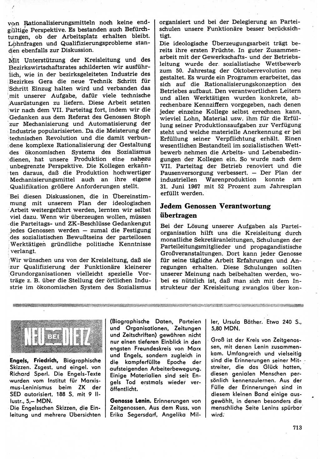 Neuer Weg (NW), Organ des Zentralkomitees (ZK) der SED (Sozialistische Einheitspartei Deutschlands) für Fragen des Parteilebens, 22. Jahrgang [Deutsche Demokratische Republik (DDR)] 1967, Seite 713 (NW ZK SED DDR 1967, S. 713)