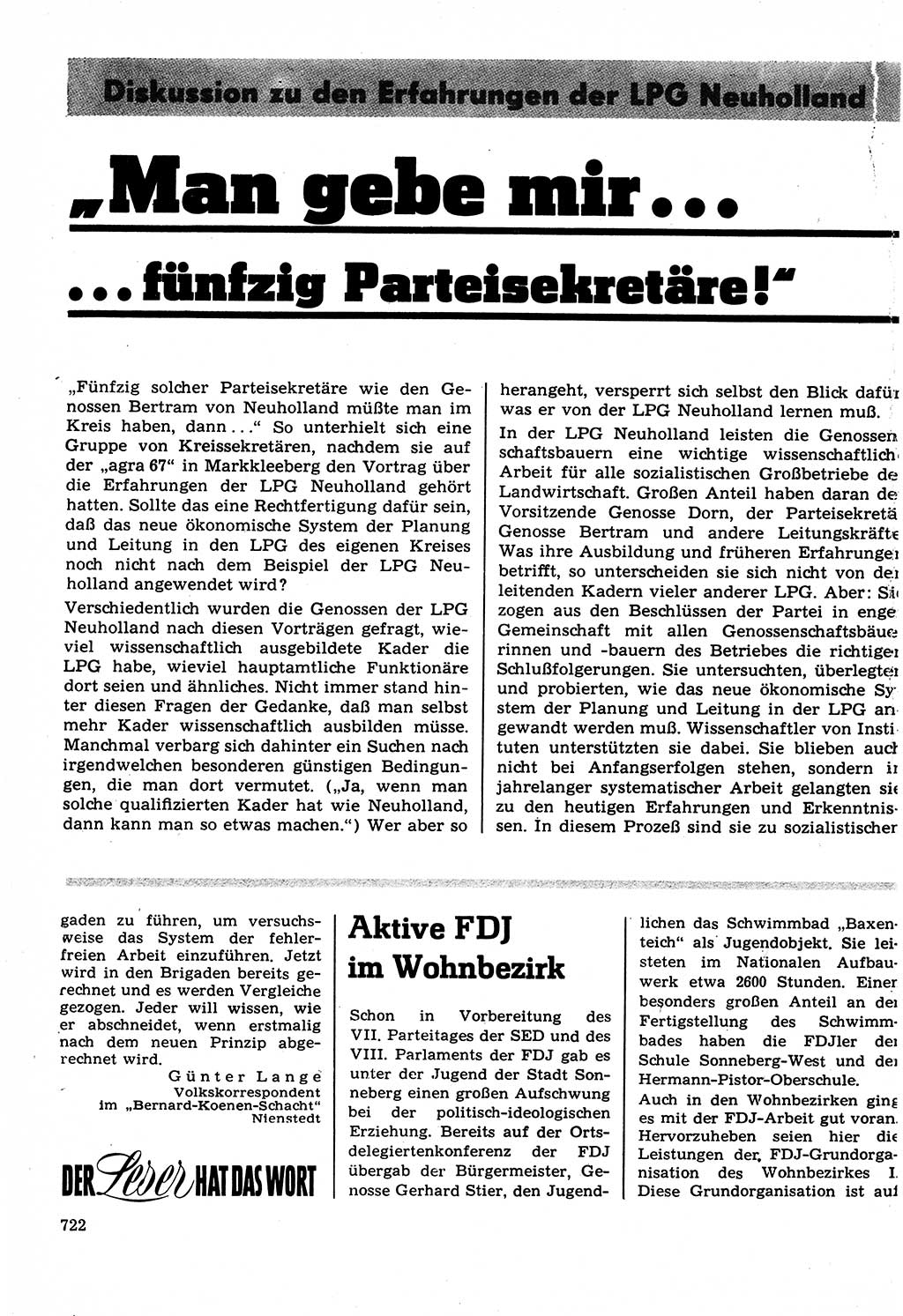 Neuer Weg (NW), Organ des Zentralkomitees (ZK) der SED (Sozialistische Einheitspartei Deutschlands) für Fragen des Parteilebens, 22. Jahrgang [Deutsche Demokratische Republik (DDR)] 1967, Seite 722 (NW ZK SED DDR 1967, S. 722)