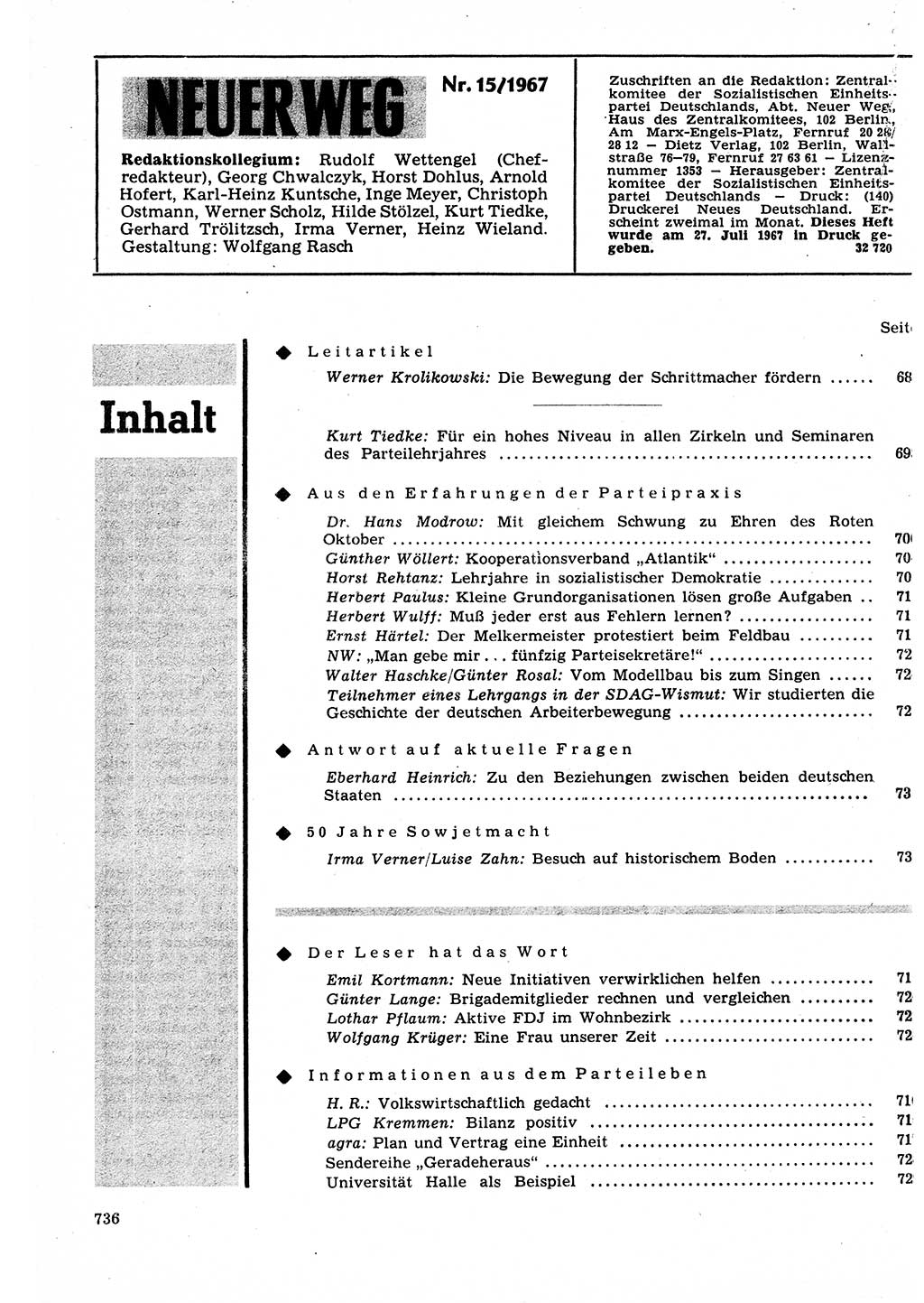 Neuer Weg (NW), Organ des Zentralkomitees (ZK) der SED (Sozialistische Einheitspartei Deutschlands) für Fragen des Parteilebens, 22. Jahrgang [Deutsche Demokratische Republik (DDR)] 1967, Seite 736 (NW ZK SED DDR 1967, S. 736)
