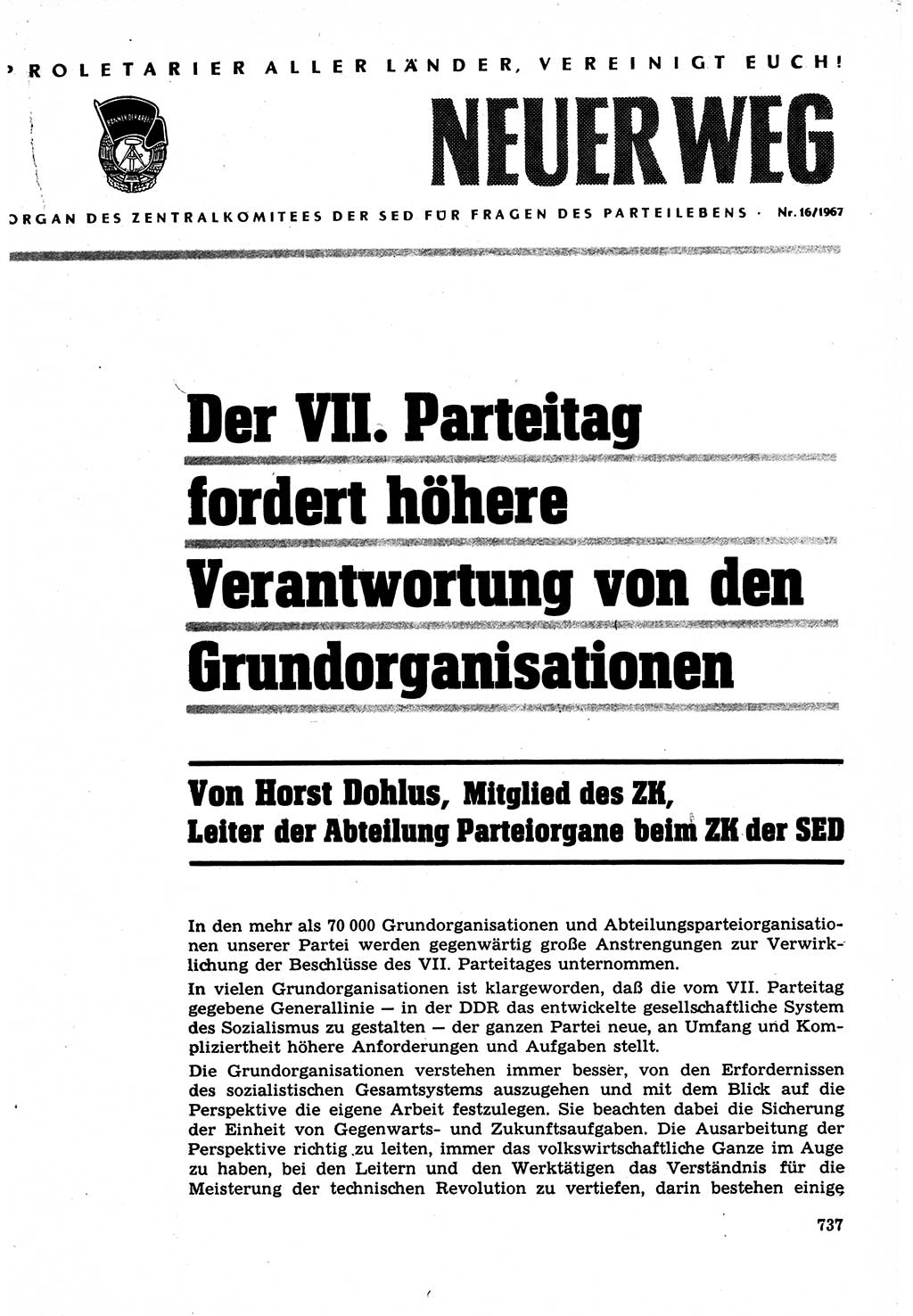 Neuer Weg (NW), Organ des Zentralkomitees (ZK) der SED (Sozialistische Einheitspartei Deutschlands) für Fragen des Parteilebens, 22. Jahrgang [Deutsche Demokratische Republik (DDR)] 1967, Seite 737 (NW ZK SED DDR 1967, S. 737)