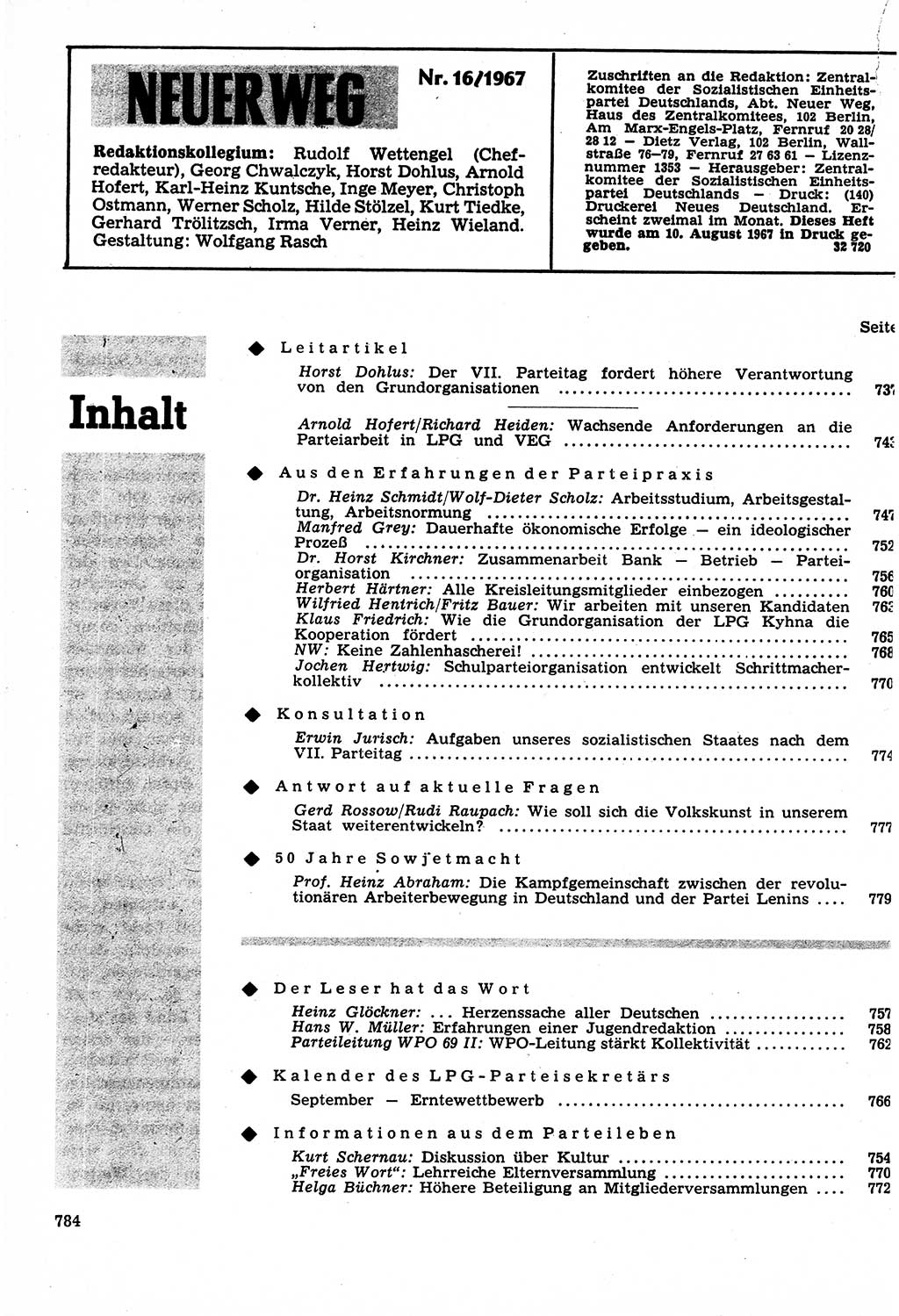 Neuer Weg (NW), Organ des Zentralkomitees (ZK) der SED (Sozialistische Einheitspartei Deutschlands) für Fragen des Parteilebens, 22. Jahrgang [Deutsche Demokratische Republik (DDR)] 1967, Seite 784 (NW ZK SED DDR 1967, S. 784)