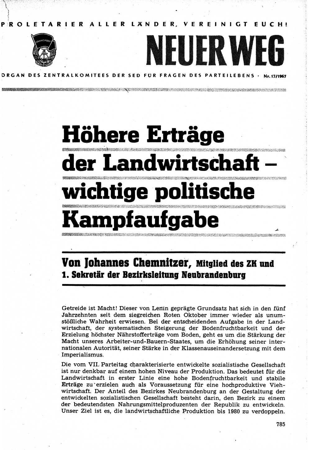 Neuer Weg (NW), Organ des Zentralkomitees (ZK) der SED (Sozialistische Einheitspartei Deutschlands) für Fragen des Parteilebens, 22. Jahrgang [Deutsche Demokratische Republik (DDR)] 1967, Seite 785 (NW ZK SED DDR 1967, S. 785)