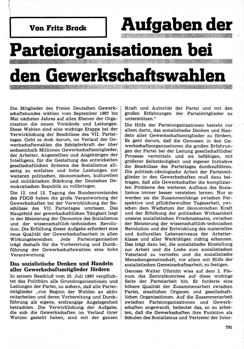 Neuer Weg (NW), Organ des Zentralkomitees (ZK) der SED (Sozialistische Einheitspartei Deutschlands) für Fragen des Parteilebens, 22. Jahrgang [Deutsche Demokratische Republik (DDR)] 1967, Seite 791 (NW ZK SED DDR 1967, S. 791)