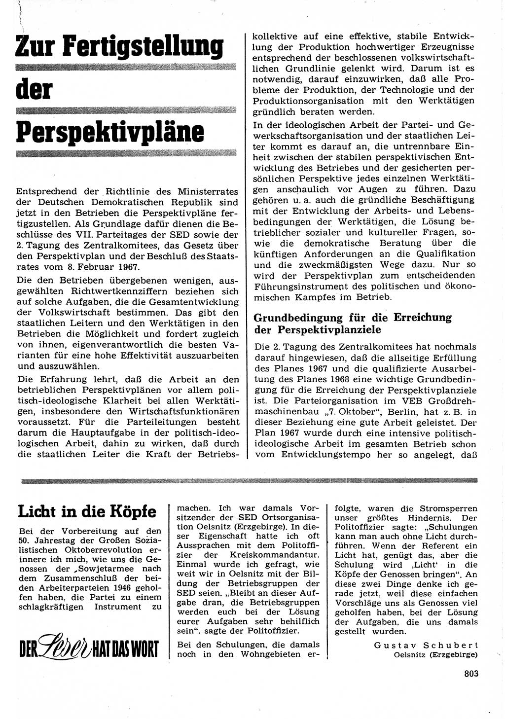 Neuer Weg (NW), Organ des Zentralkomitees (ZK) der SED (Sozialistische Einheitspartei Deutschlands) für Fragen des Parteilebens, 22. Jahrgang [Deutsche Demokratische Republik (DDR)] 1967, Seite 803 (NW ZK SED DDR 1967, S. 803)