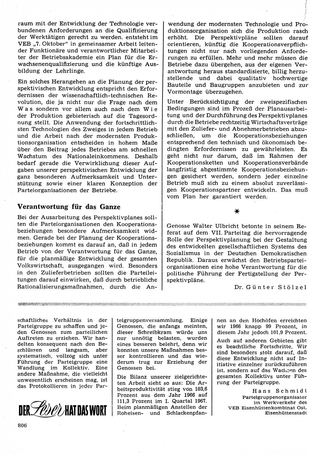 Neuer Weg (NW), Organ des Zentralkomitees (ZK) der SED (Sozialistische Einheitspartei Deutschlands) für Fragen des Parteilebens, 22. Jahrgang [Deutsche Demokratische Republik (DDR)] 1967, Seite 806 (NW ZK SED DDR 1967, S. 806)