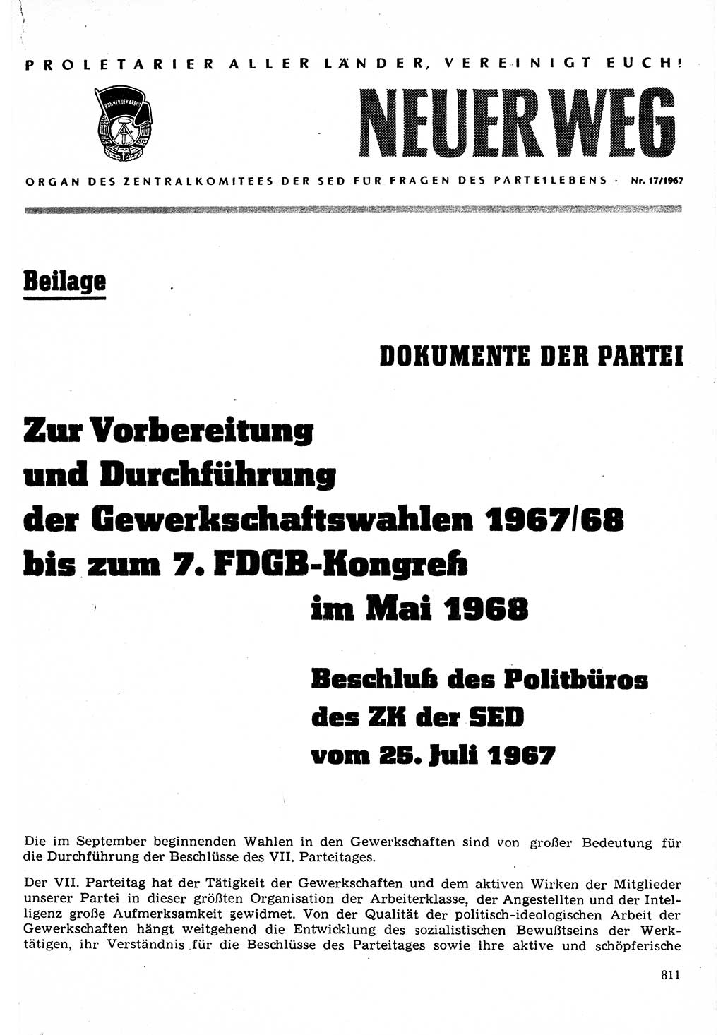 Neuer Weg (NW), Organ des Zentralkomitees (ZK) der SED (Sozialistische Einheitspartei Deutschlands) für Fragen des Parteilebens, 22. Jahrgang [Deutsche Demokratische Republik (DDR)] 1967, Seite 811 (NW ZK SED DDR 1967, S. 811)