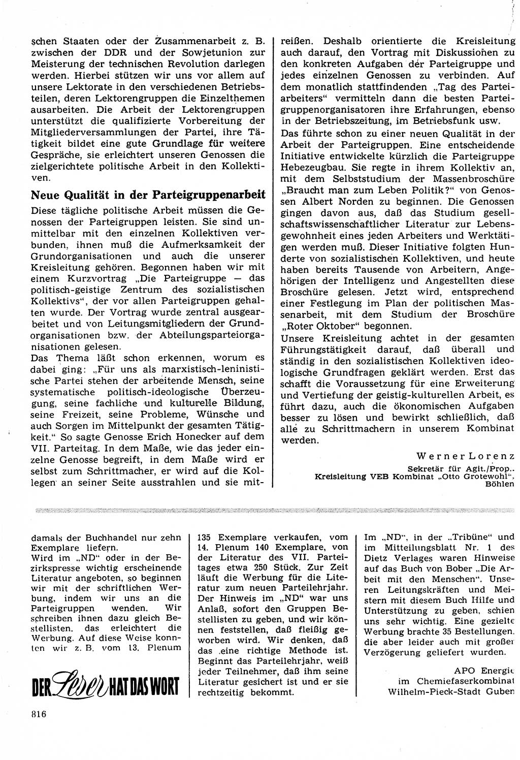 Neuer Weg (NW), Organ des Zentralkomitees (ZK) der SED (Sozialistische Einheitspartei Deutschlands) für Fragen des Parteilebens, 22. Jahrgang [Deutsche Demokratische Republik (DDR)] 1967, Seite 816 (NW ZK SED DDR 1967, S. 816)