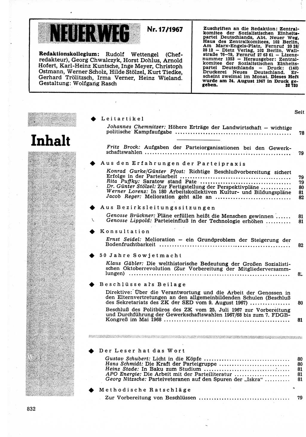 Neuer Weg (NW), Organ des Zentralkomitees (ZK) der SED (Sozialistische Einheitspartei Deutschlands) für Fragen des Parteilebens, 22. Jahrgang [Deutsche Demokratische Republik (DDR)] 1967, Seite 832 (NW ZK SED DDR 1967, S. 832)