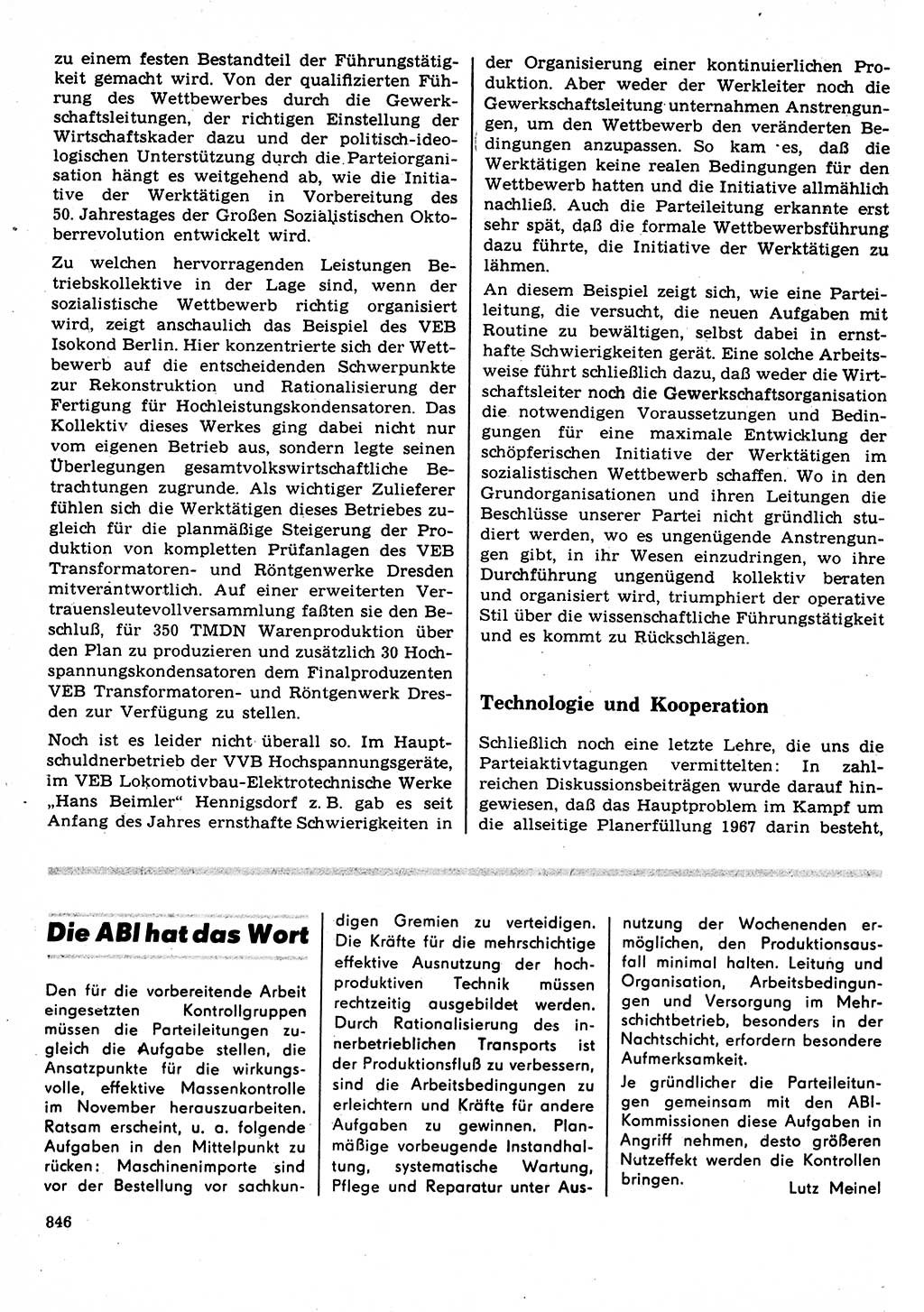 Neuer Weg (NW), Organ des Zentralkomitees (ZK) der SED (Sozialistische Einheitspartei Deutschlands) für Fragen des Parteilebens, 22. Jahrgang [Deutsche Demokratische Republik (DDR)] 1967, Seite 846 (NW ZK SED DDR 1967, S. 846)