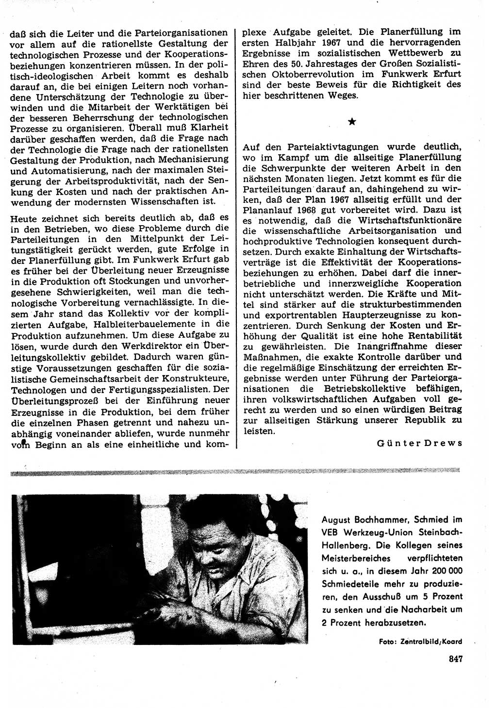 Neuer Weg (NW), Organ des Zentralkomitees (ZK) der SED (Sozialistische Einheitspartei Deutschlands) für Fragen des Parteilebens, 22. Jahrgang [Deutsche Demokratische Republik (DDR)] 1967, Seite 847 (NW ZK SED DDR 1967, S. 847)