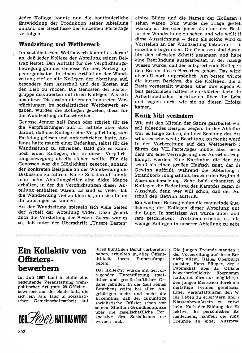 Neuer Weg (NW), Organ des Zentralkomitees (ZK) der SED (Sozialistische Einheitspartei Deutschlands) für Fragen des Parteilebens, 22. Jahrgang [Deutsche Demokratische Republik (DDR)] 1967, Seite 852 (NW ZK SED DDR 1967, S. 852)