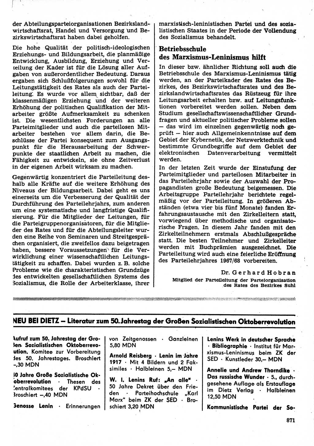 Neuer Weg (NW), Organ des Zentralkomitees (ZK) der SED (Sozialistische Einheitspartei Deutschlands) für Fragen des Parteilebens, 22. Jahrgang [Deutsche Demokratische Republik (DDR)] 1967, Seite 871 (NW ZK SED DDR 1967, S. 871)