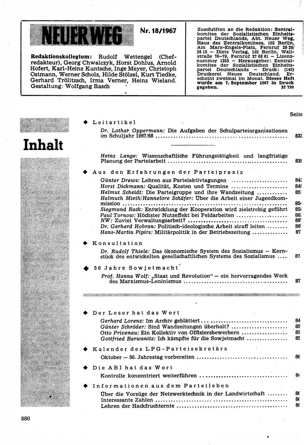 Neuer Weg (NW), Organ des Zentralkomitees (ZK) der SED (Sozialistische Einheitspartei Deutschlands) für Fragen des Parteilebens, 22. Jahrgang [Deutsche Demokratische Republik (DDR)] 1967, Seite 880 (NW ZK SED DDR 1967, S. 880)