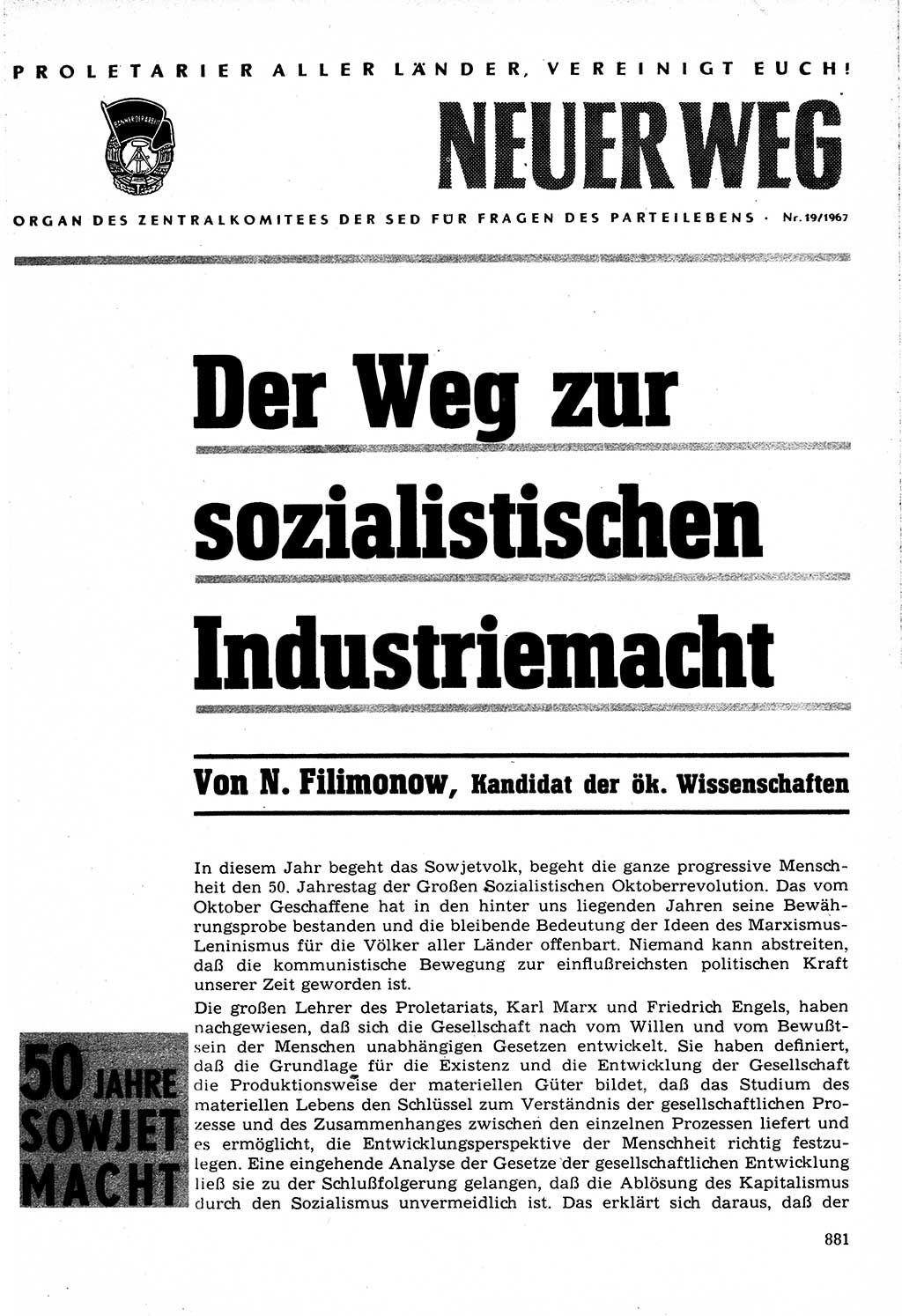 Neuer Weg (NW), Organ des Zentralkomitees (ZK) der SED (Sozialistische Einheitspartei Deutschlands) für Fragen des Parteilebens, 22. Jahrgang [Deutsche Demokratische Republik (DDR)] 1967, Seite 881 (NW ZK SED DDR 1967, S. 881)