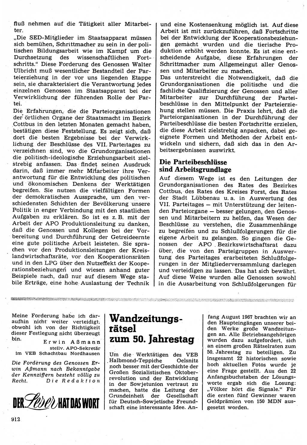 Neuer Weg (NW), Organ des Zentralkomitees (ZK) der SED (Sozialistische Einheitspartei Deutschlands) für Fragen des Parteilebens, 22. Jahrgang [Deutsche Demokratische Republik (DDR)] 1967, Seite 912 (NW ZK SED DDR 1967, S. 912)