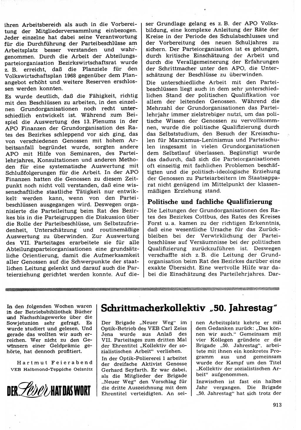 Neuer Weg (NW), Organ des Zentralkomitees (ZK) der SED (Sozialistische Einheitspartei Deutschlands) für Fragen des Parteilebens, 22. Jahrgang [Deutsche Demokratische Republik (DDR)] 1967, Seite 913 (NW ZK SED DDR 1967, S. 913)