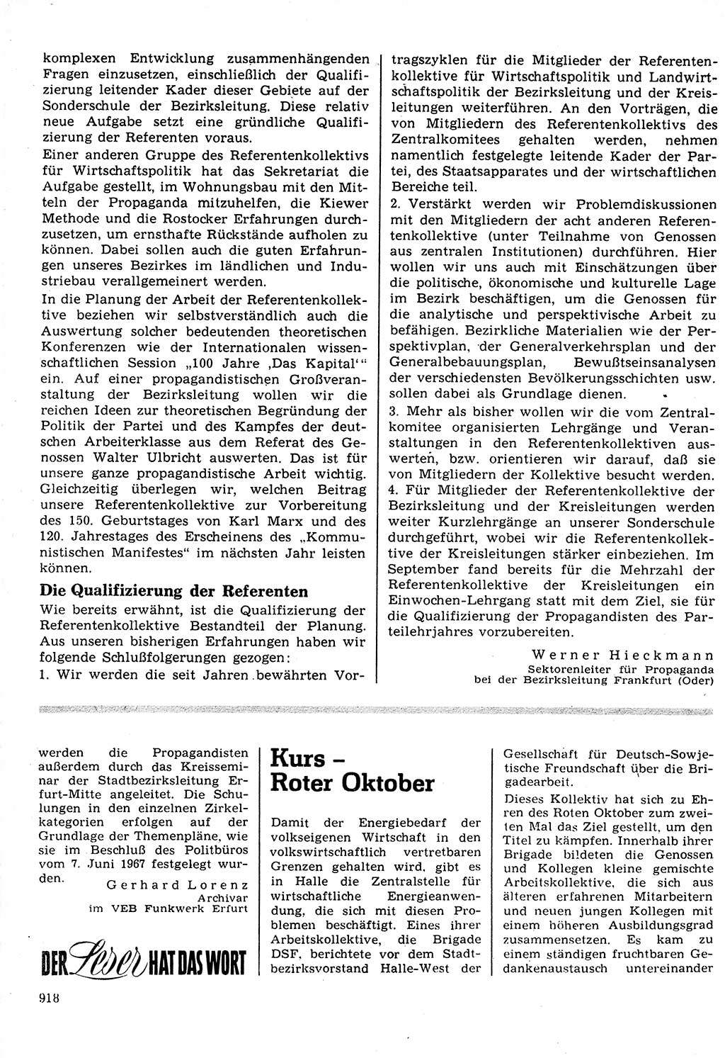 Neuer Weg (NW), Organ des Zentralkomitees (ZK) der SED (Sozialistische Einheitspartei Deutschlands) für Fragen des Parteilebens, 22. Jahrgang [Deutsche Demokratische Republik (DDR)] 1967, Seite 918 (NW ZK SED DDR 1967, S. 918)