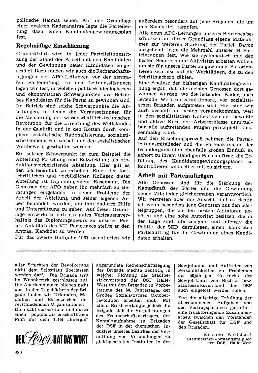 Neuer Weg (NW), Organ des Zentralkomitees (ZK) der SED (Sozialistische Einheitspartei Deutschlands) für Fragen des Parteilebens, 22. Jahrgang [Deutsche Demokratische Republik (DDR)] 1967, Seite 920 (NW ZK SED DDR 1967, S. 920)