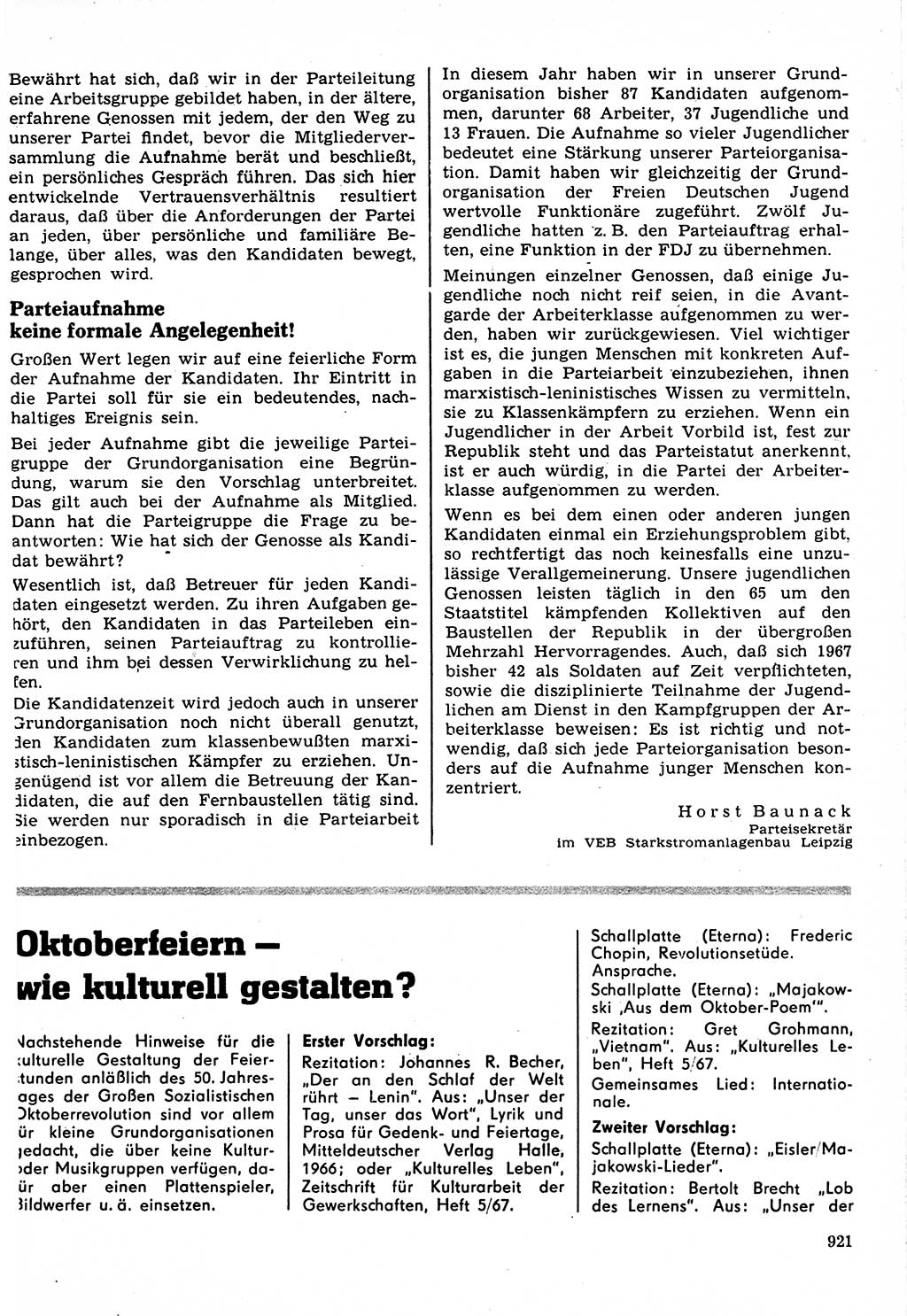 Neuer Weg (NW), Organ des Zentralkomitees (ZK) der SED (Sozialistische Einheitspartei Deutschlands) für Fragen des Parteilebens, 22. Jahrgang [Deutsche Demokratische Republik (DDR)] 1967, Seite 921 (NW ZK SED DDR 1967, S. 921)