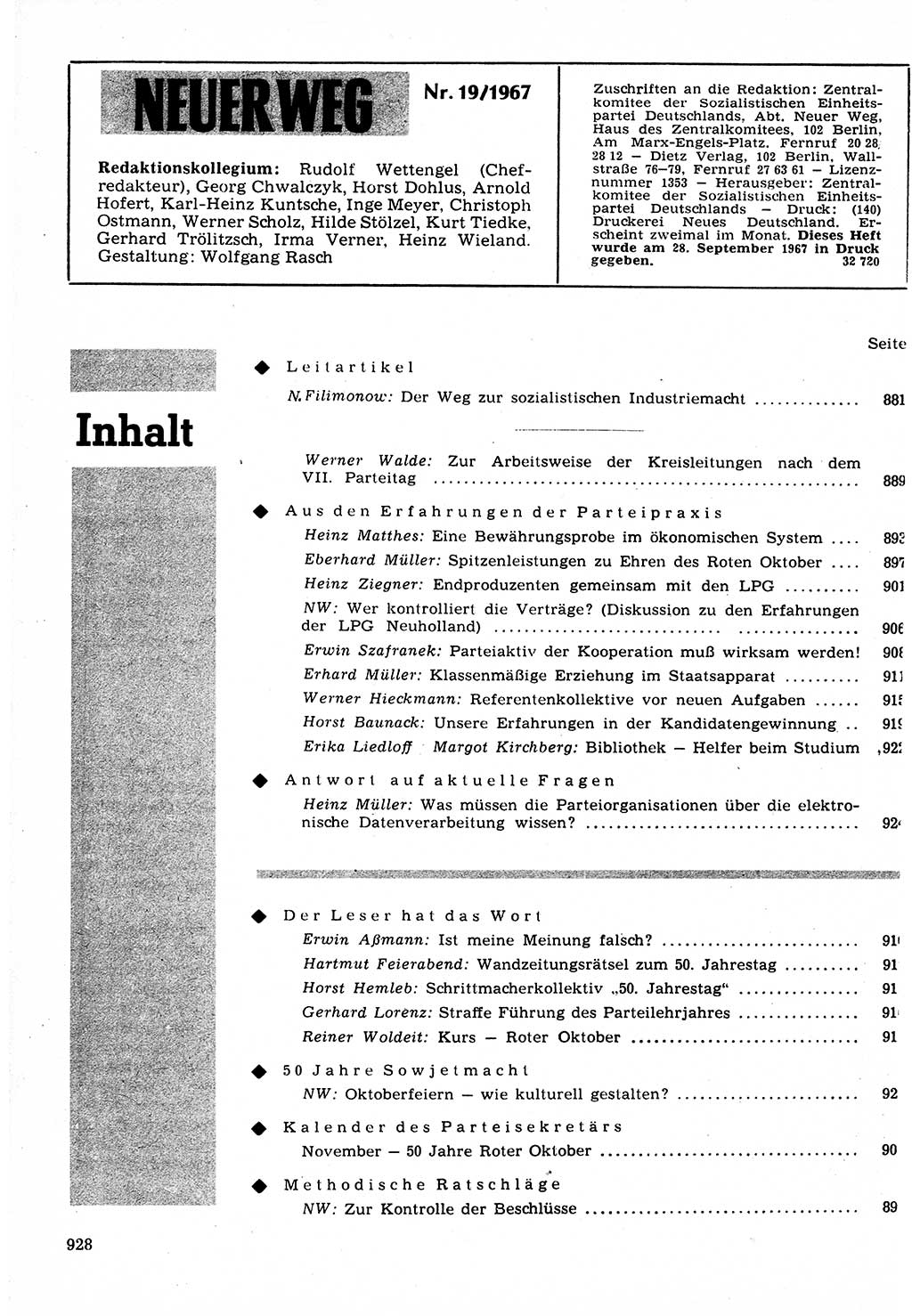 Neuer Weg (NW), Organ des Zentralkomitees (ZK) der SED (Sozialistische Einheitspartei Deutschlands) für Fragen des Parteilebens, 22. Jahrgang [Deutsche Demokratische Republik (DDR)] 1967, Seite 928 (NW ZK SED DDR 1967, S. 928)