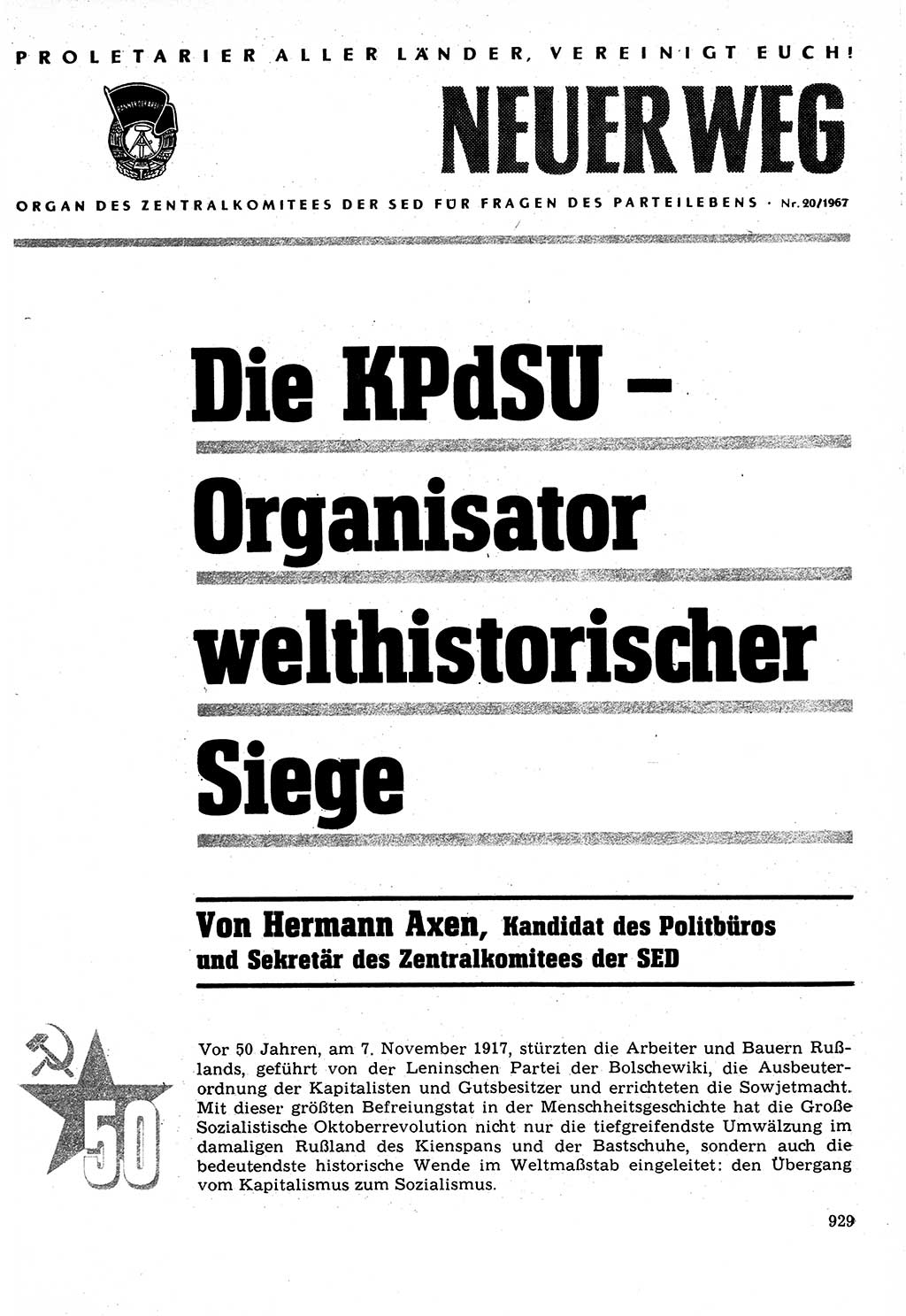 Neuer Weg (NW), Organ des Zentralkomitees (ZK) der SED (Sozialistische Einheitspartei Deutschlands) für Fragen des Parteilebens, 22. Jahrgang [Deutsche Demokratische Republik (DDR)] 1967, Seite 929 (NW ZK SED DDR 1967, S. 929)