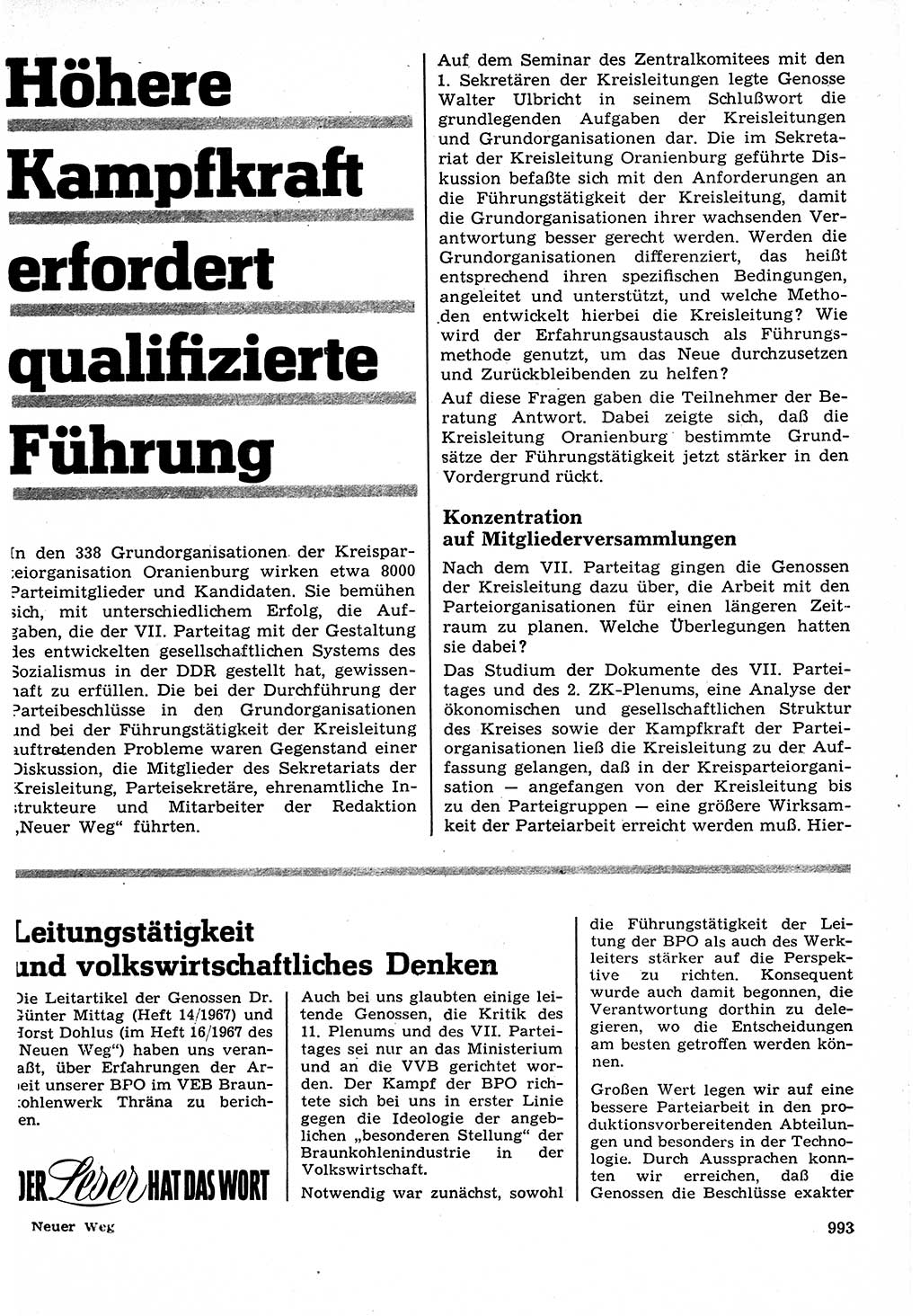 Neuer Weg (NW), Organ des Zentralkomitees (ZK) der SED (Sozialistische Einheitspartei Deutschlands) für Fragen des Parteilebens, 22. Jahrgang [Deutsche Demokratische Republik (DDR)] 1967, Seite 993 (NW ZK SED DDR 1967, S. 993)
