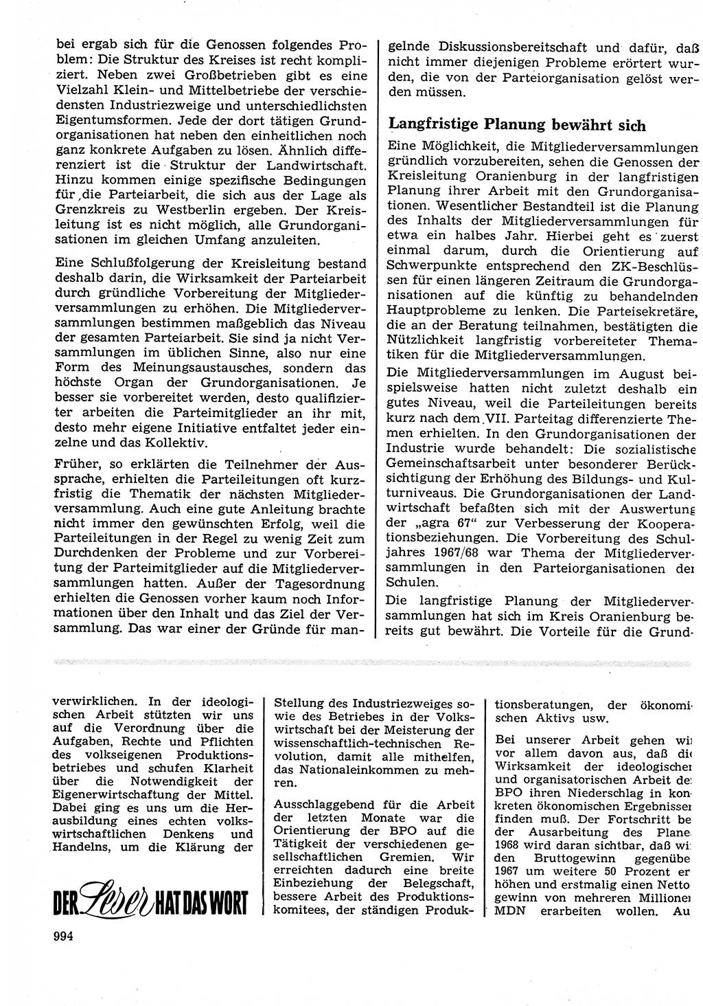 Neuer Weg (NW), Organ des Zentralkomitees (ZK) der SED (Sozialistische Einheitspartei Deutschlands) für Fragen des Parteilebens, 22. Jahrgang [Deutsche Demokratische Republik (DDR)] 1967, Seite 994 (NW ZK SED DDR 1967, S. 994)