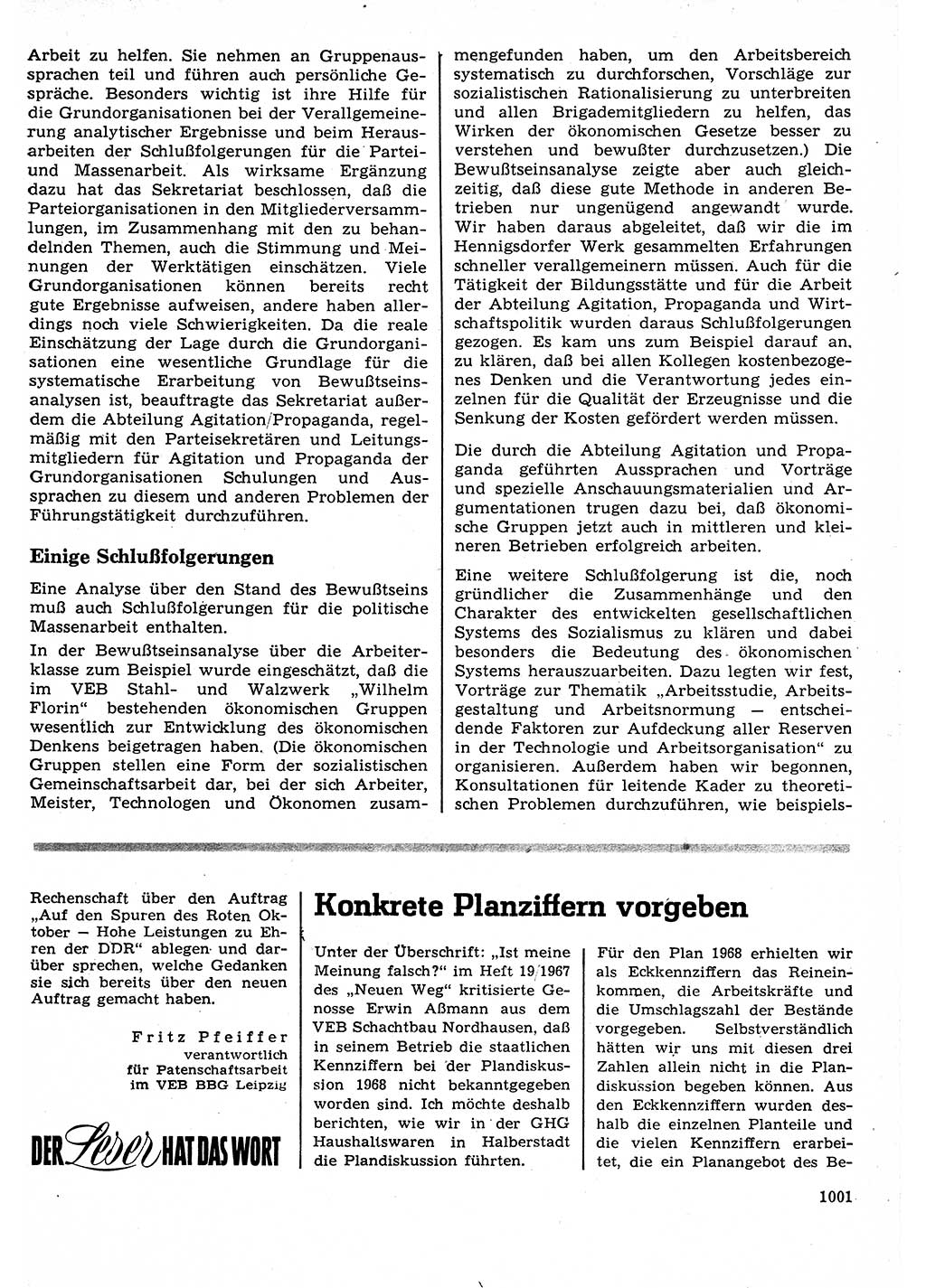 Neuer Weg (NW), Organ des Zentralkomitees (ZK) der SED (Sozialistische Einheitspartei Deutschlands) für Fragen des Parteilebens, 22. Jahrgang [Deutsche Demokratische Republik (DDR)] 1967, Seite 1001 (NW ZK SED DDR 1967, S. 1001)