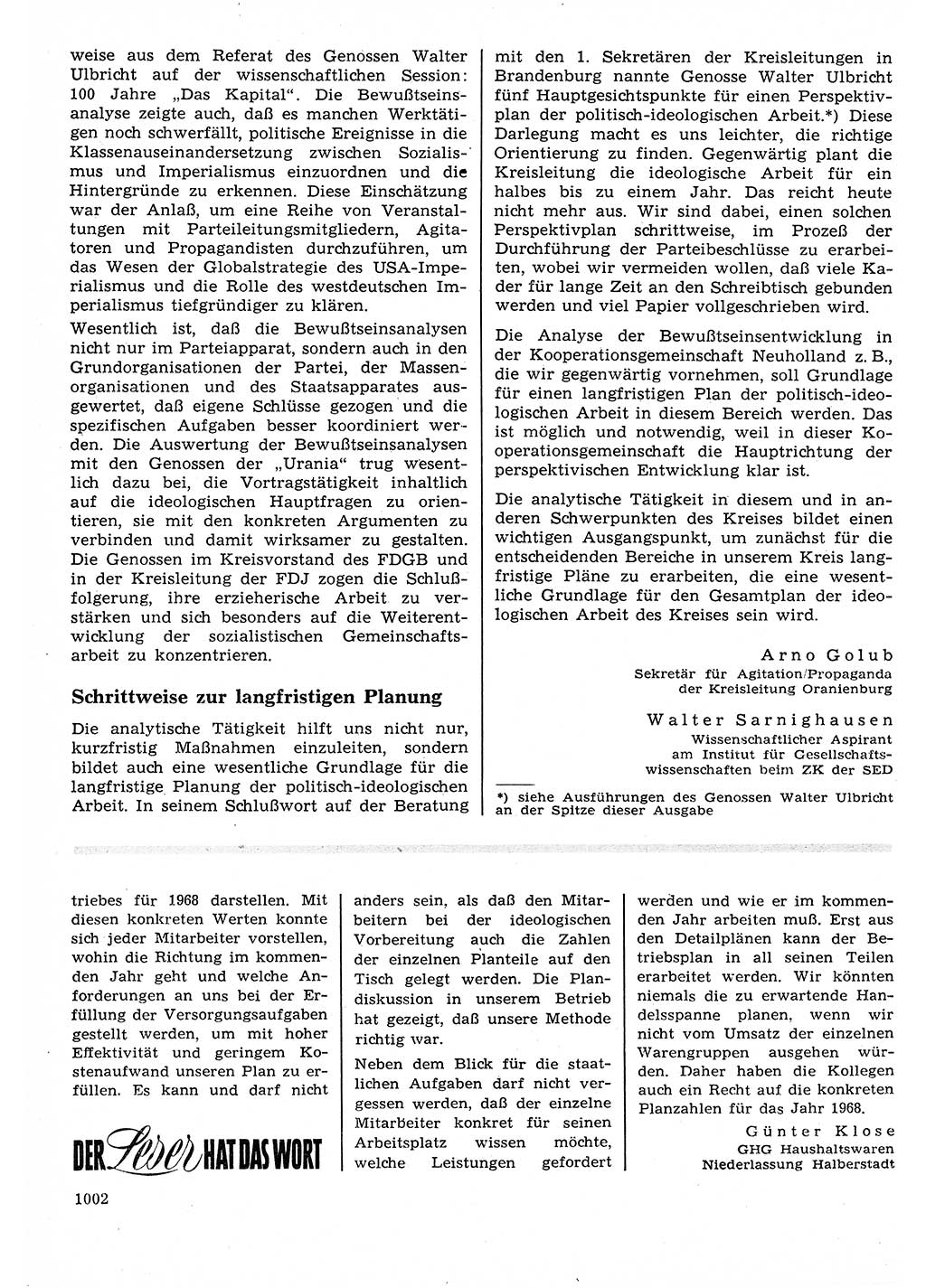 Neuer Weg (NW), Organ des Zentralkomitees (ZK) der SED (Sozialistische Einheitspartei Deutschlands) für Fragen des Parteilebens, 22. Jahrgang [Deutsche Demokratische Republik (DDR)] 1967, Seite 1002 (NW ZK SED DDR 1967, S. 1002)