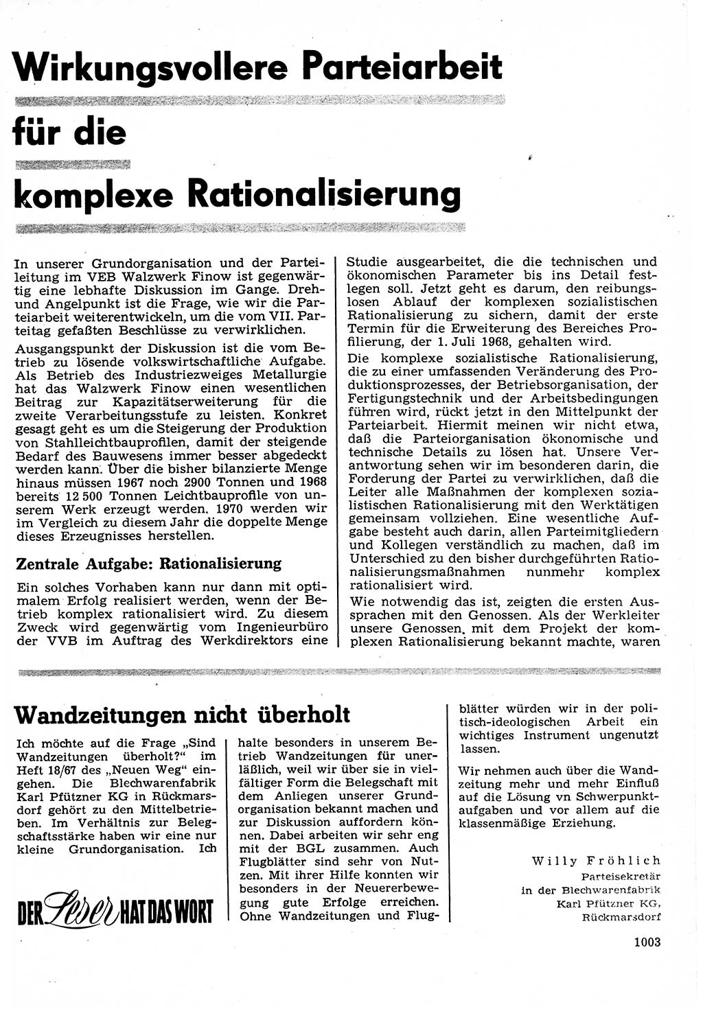 Neuer Weg (NW), Organ des Zentralkomitees (ZK) der SED (Sozialistische Einheitspartei Deutschlands) für Fragen des Parteilebens, 22. Jahrgang [Deutsche Demokratische Republik (DDR)] 1967, Seite 1003 (NW ZK SED DDR 1967, S. 1003)