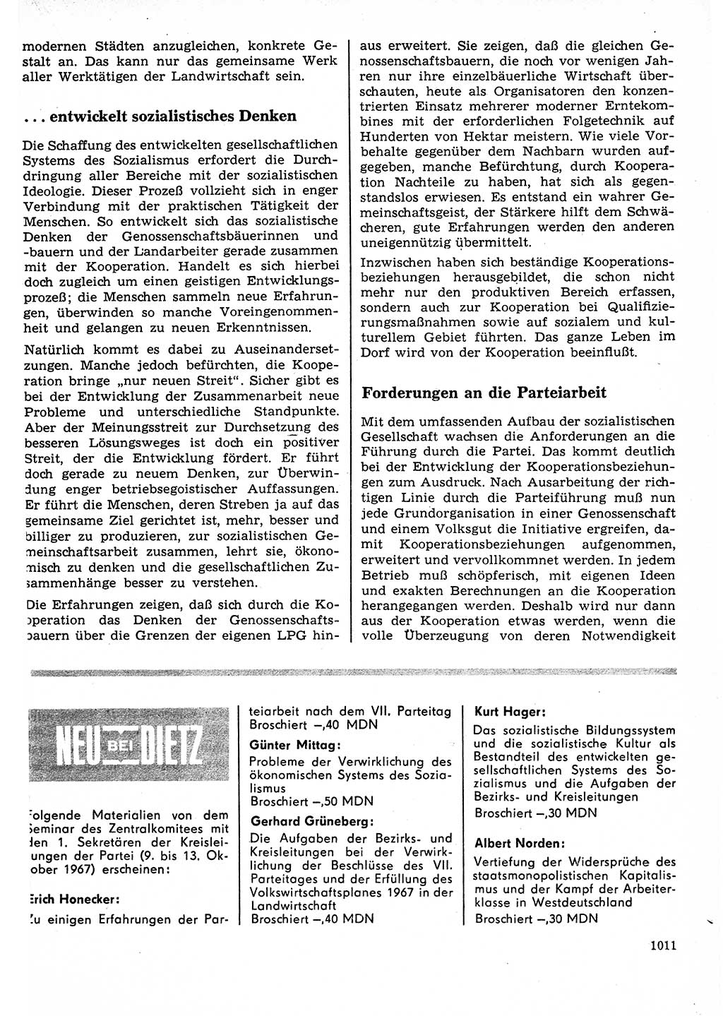 Neuer Weg (NW), Organ des Zentralkomitees (ZK) der SED (Sozialistische Einheitspartei Deutschlands) für Fragen des Parteilebens, 22. Jahrgang [Deutsche Demokratische Republik (DDR)] 1967, Seite 1011 (NW ZK SED DDR 1967, S. 1011)