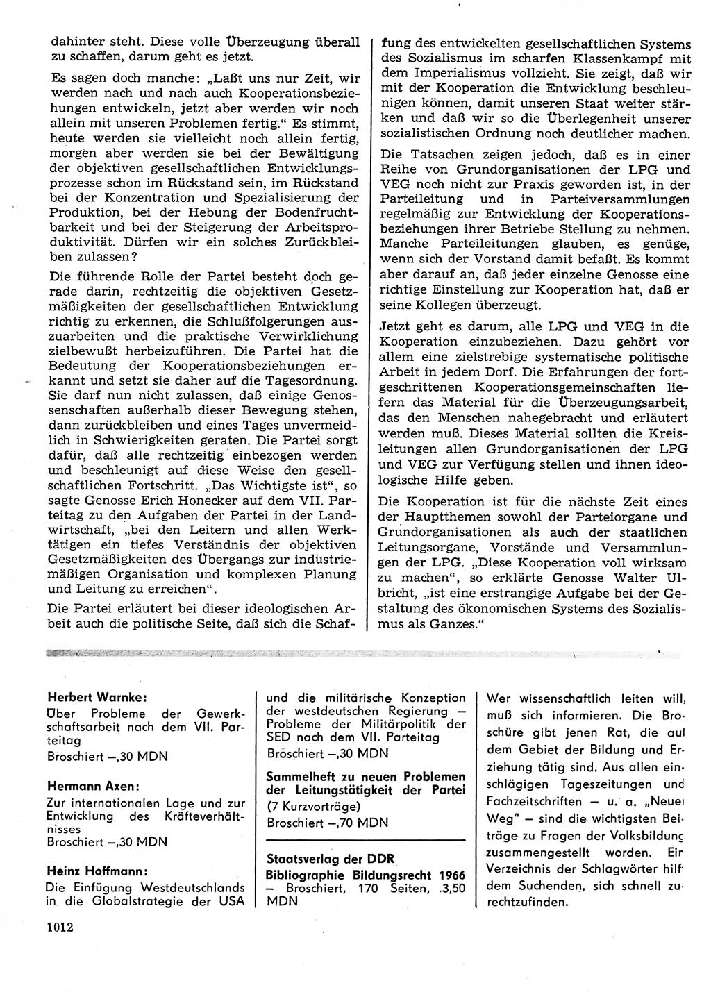 Neuer Weg (NW), Organ des Zentralkomitees (ZK) der SED (Sozialistische Einheitspartei Deutschlands) für Fragen des Parteilebens, 22. Jahrgang [Deutsche Demokratische Republik (DDR)] 1967, Seite 1012 (NW ZK SED DDR 1967, S. 1012)