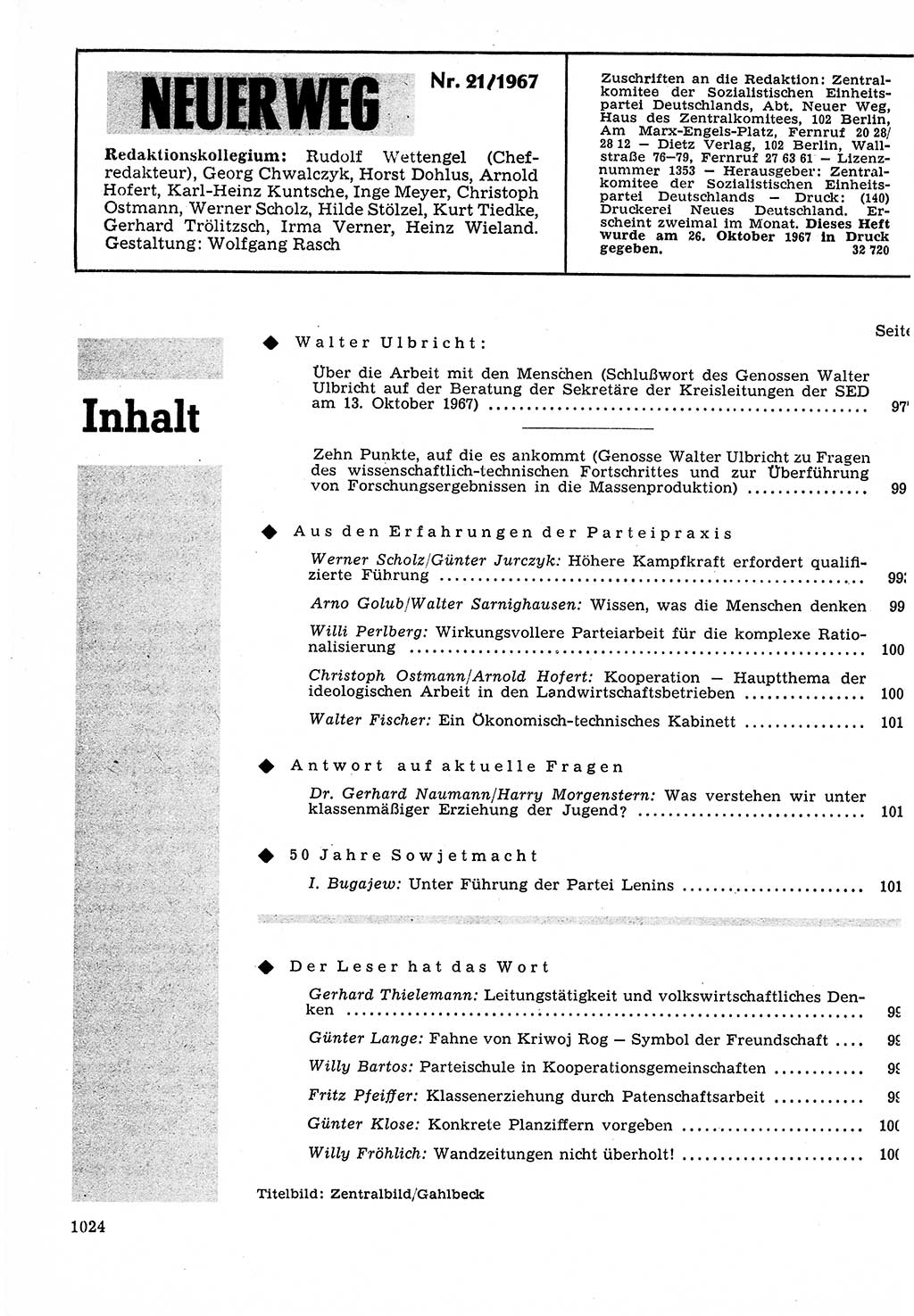 Neuer Weg (NW), Organ des Zentralkomitees (ZK) der SED (Sozialistische Einheitspartei Deutschlands) für Fragen des Parteilebens, 22. Jahrgang [Deutsche Demokratische Republik (DDR)] 1967, Seite 1024 (NW ZK SED DDR 1967, S. 1024)