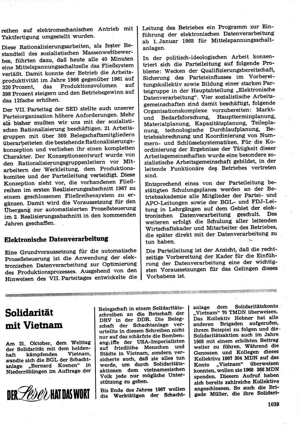 Neuer Weg (NW), Organ des Zentralkomitees (ZK) der SED (Sozialistische Einheitspartei Deutschlands) für Fragen des Parteilebens, 22. Jahrgang [Deutsche Demokratische Republik (DDR)] 1967, Seite 1039 (NW ZK SED DDR 1967, S. 1039)