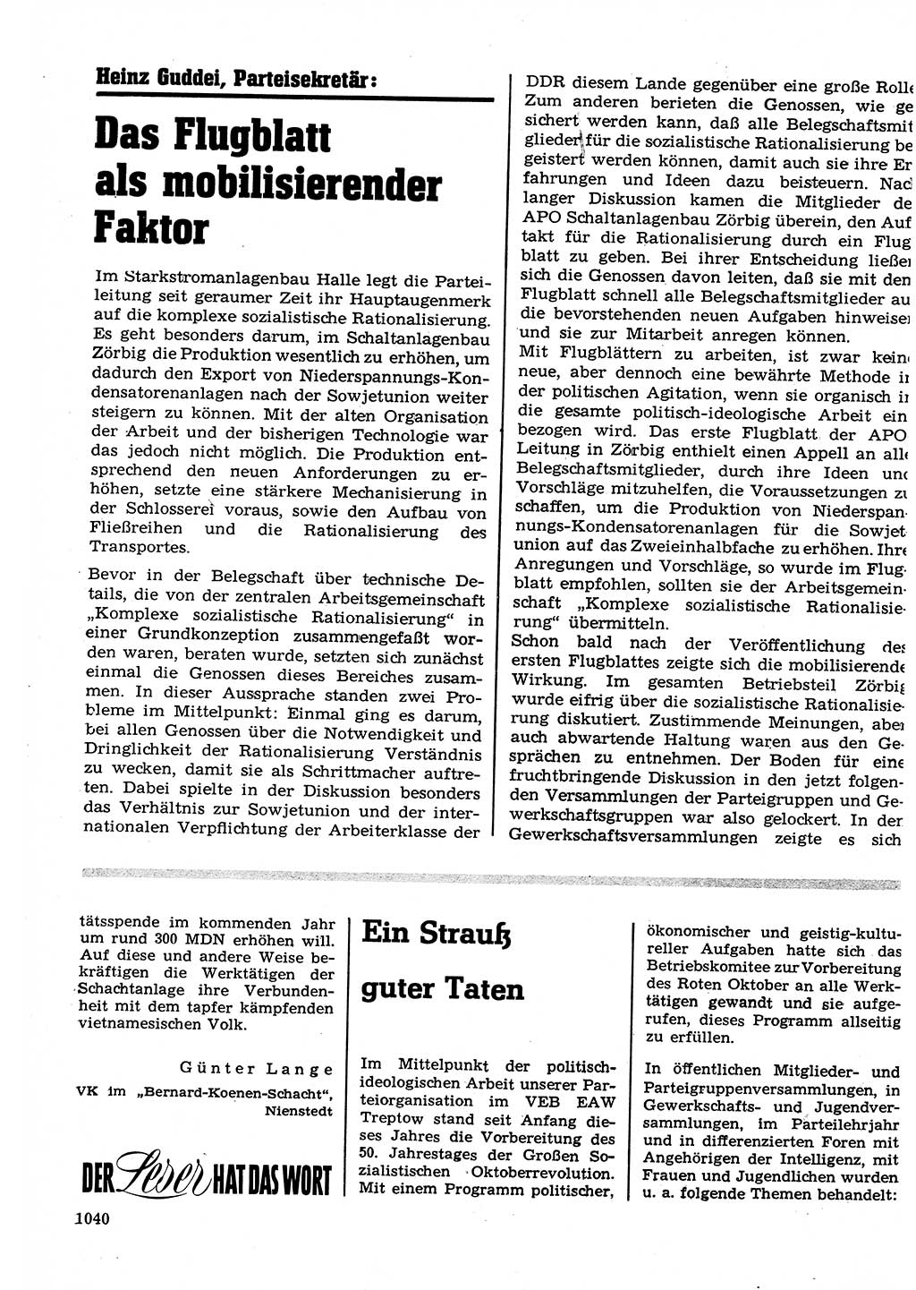 Neuer Weg (NW), Organ des Zentralkomitees (ZK) der SED (Sozialistische Einheitspartei Deutschlands) für Fragen des Parteilebens, 22. Jahrgang [Deutsche Demokratische Republik (DDR)] 1967, Seite 1040 (NW ZK SED DDR 1967, S. 1040)