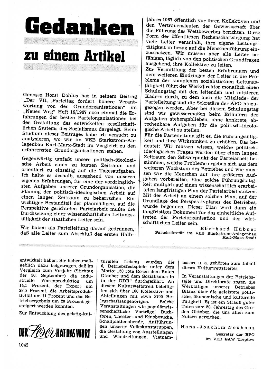 Neuer Weg (NW), Organ des Zentralkomitees (ZK) der SED (Sozialistische Einheitspartei Deutschlands) für Fragen des Parteilebens, 22. Jahrgang [Deutsche Demokratische Republik (DDR)] 1967, Seite 1042 (NW ZK SED DDR 1967, S. 1042)