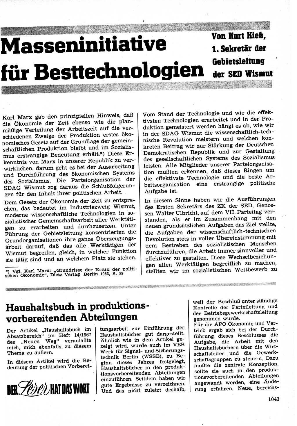 Neuer Weg (NW), Organ des Zentralkomitees (ZK) der SED (Sozialistische Einheitspartei Deutschlands) für Fragen des Parteilebens, 22. Jahrgang [Deutsche Demokratische Republik (DDR)] 1967, Seite 1043 (NW ZK SED DDR 1967, S. 1043)