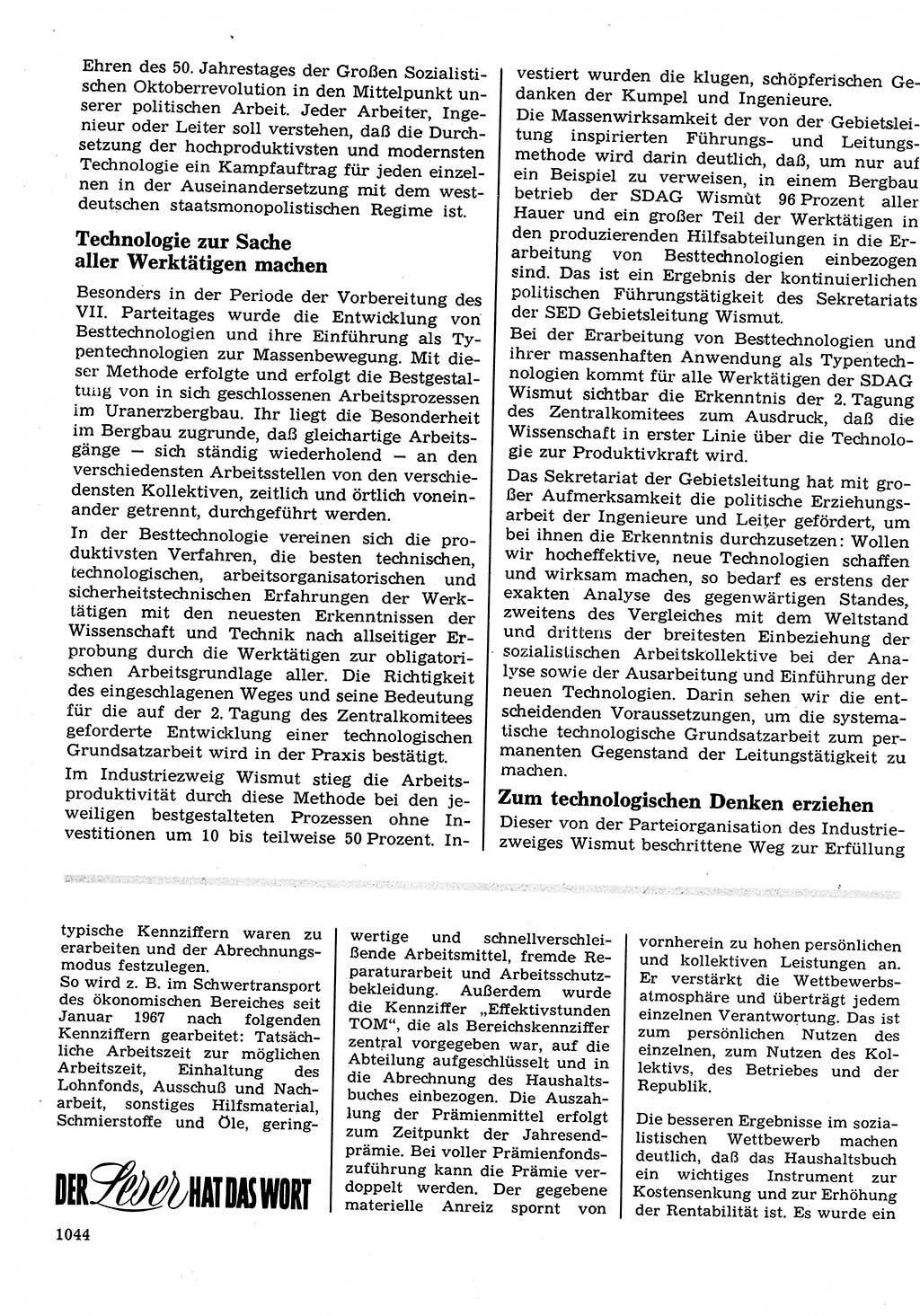 Neuer Weg (NW), Organ des Zentralkomitees (ZK) der SED (Sozialistische Einheitspartei Deutschlands) für Fragen des Parteilebens, 22. Jahrgang [Deutsche Demokratische Republik (DDR)] 1967, Seite 1044 (NW ZK SED DDR 1967, S. 1044)