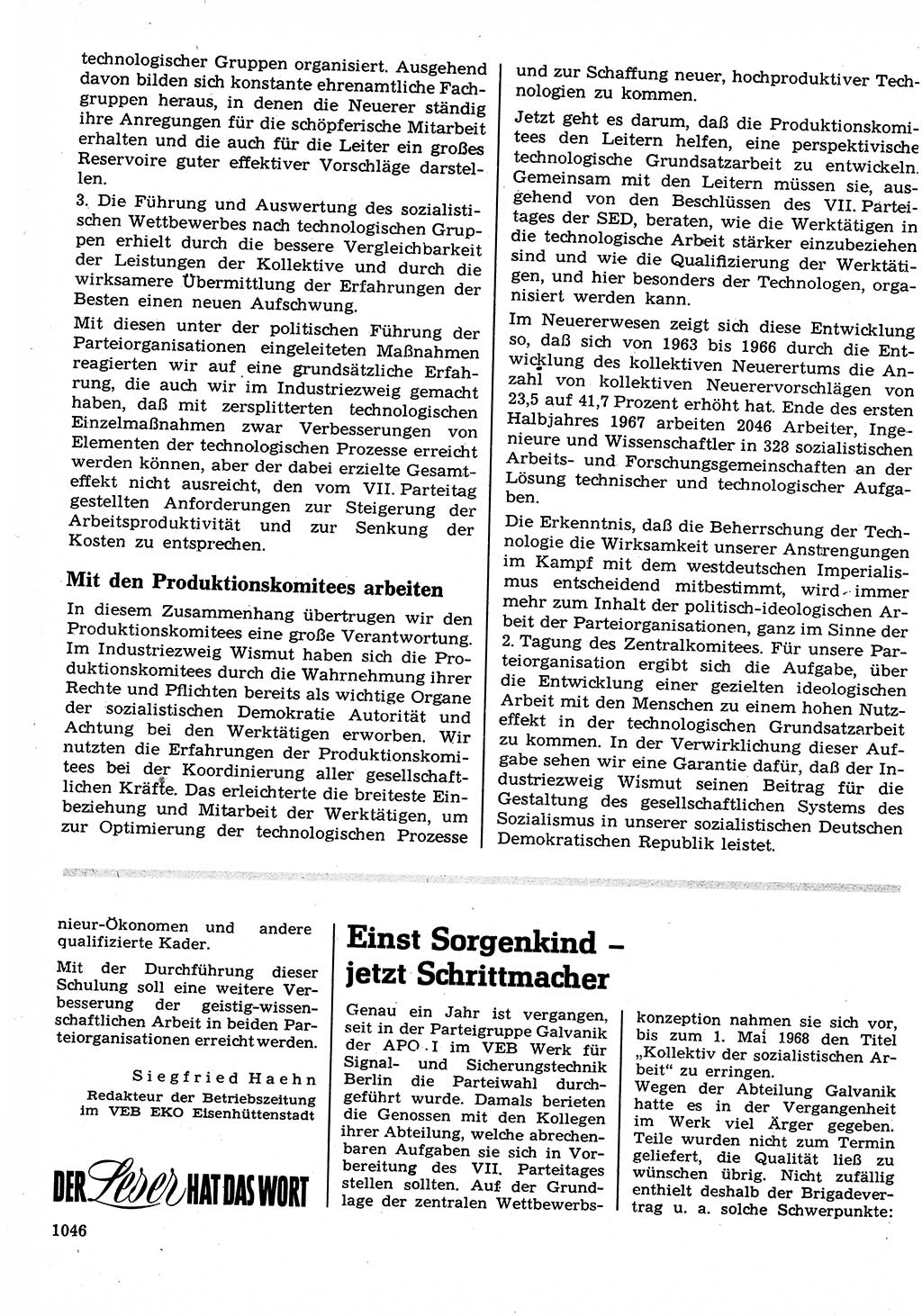 Neuer Weg (NW), Organ des Zentralkomitees (ZK) der SED (Sozialistische Einheitspartei Deutschlands) für Fragen des Parteilebens, 22. Jahrgang [Deutsche Demokratische Republik (DDR)] 1967, Seite 1046 (NW ZK SED DDR 1967, S. 1046)