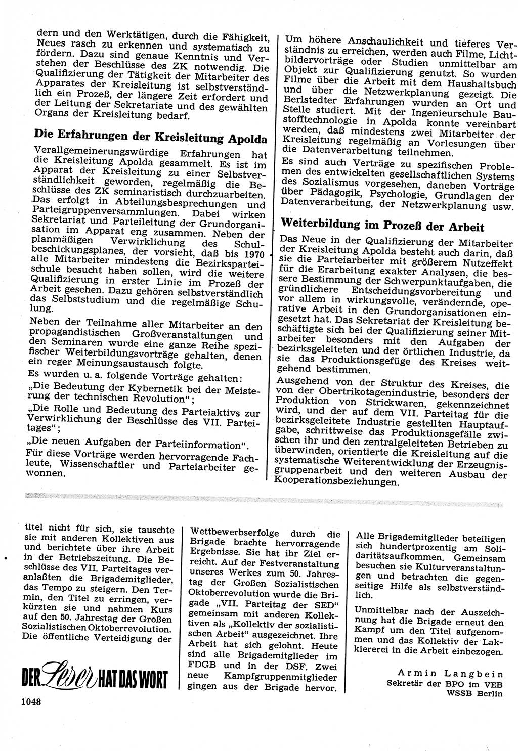 Neuer Weg (NW), Organ des Zentralkomitees (ZK) der SED (Sozialistische Einheitspartei Deutschlands) für Fragen des Parteilebens, 22. Jahrgang [Deutsche Demokratische Republik (DDR)] 1967, Seite 1048 (NW ZK SED DDR 1967, S. 1048)